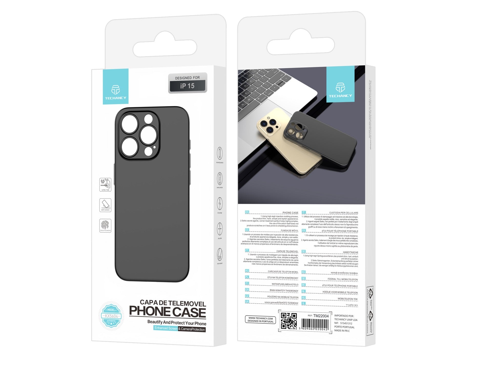 Techancy Capa Para Telemóvel Ultra Fina Preta KX5604, Compatível Com O Telemóvel Iphone 15, Material Pp De 0,5 Mm.