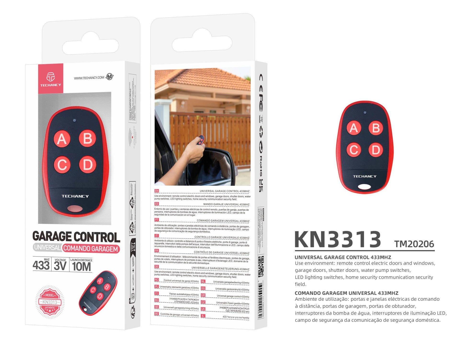Techancy Comando Garagem Universal KN3313 433MHz Controle para Portas de Garagem Eletricas e Automaticas Substituicao