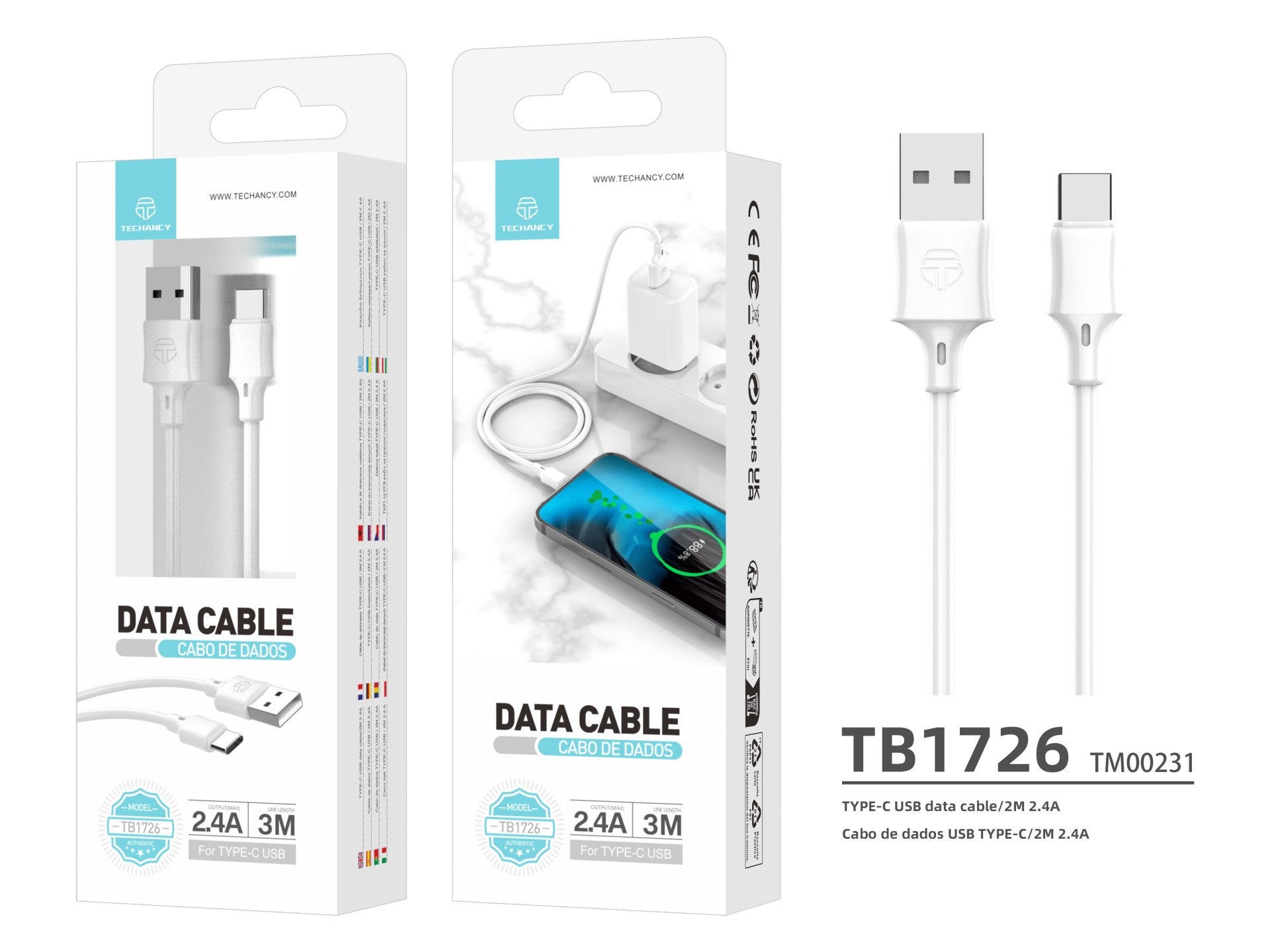 Techancy Cabo De Carregamento 3m Usb- Tipo C Branco TB1726, Carregamento Rápido De 2,4 A, Carregamento De Longo Alcance 3m