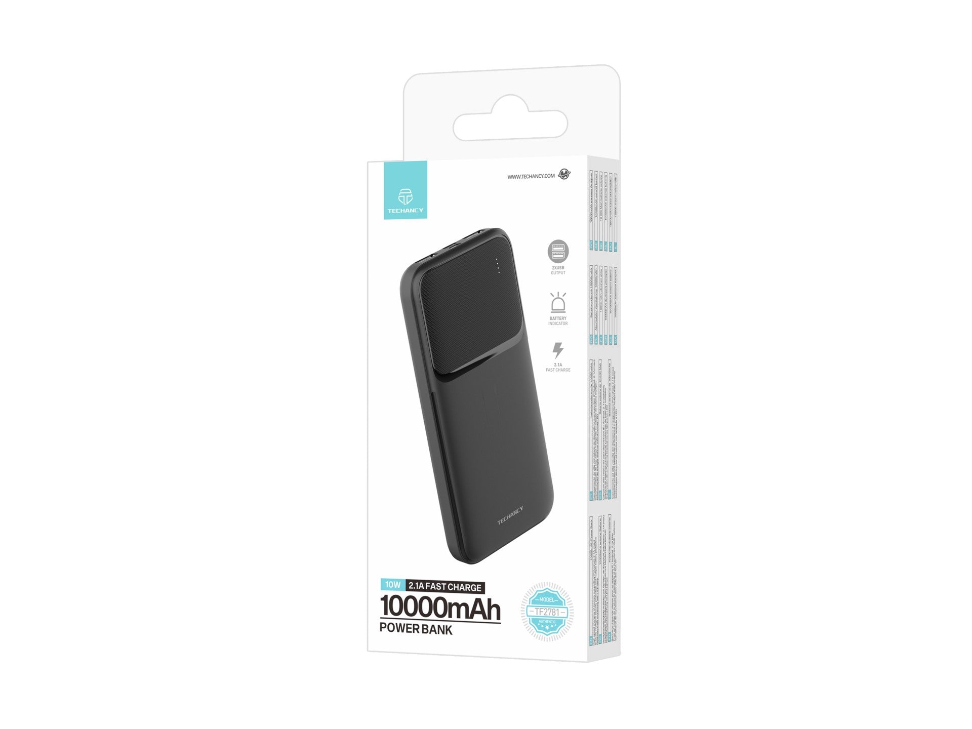 Techancy Power Bank 10000mah Negro TF2781, ¡Carga rápida de 10w para teléfonos inteligentes, tabletas y más!