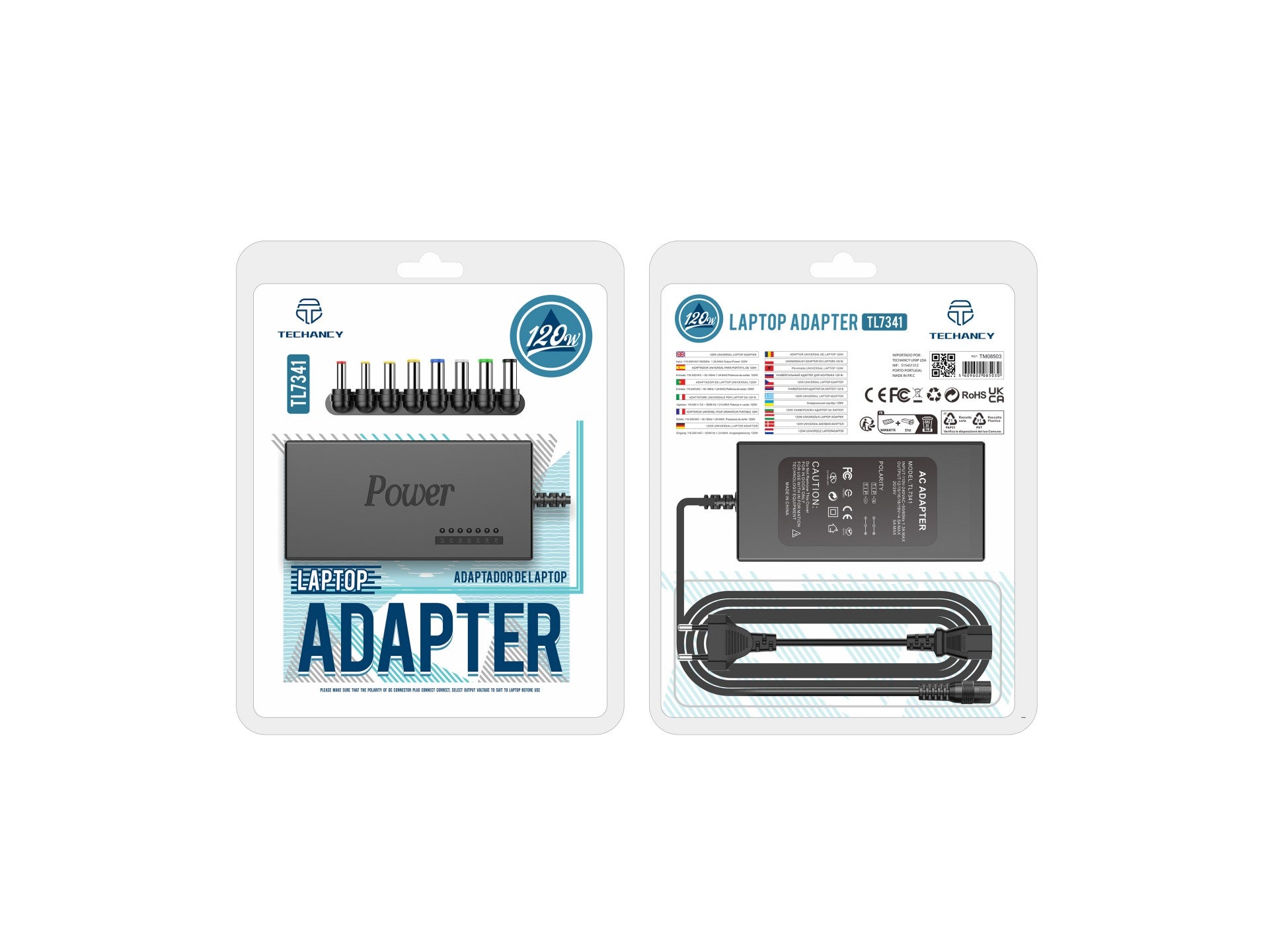 Adaptador universal Techancy para portátil de 120 W TL7341, color negro, entrada 110-240 V, salida 120 W, con múltiples conexiones