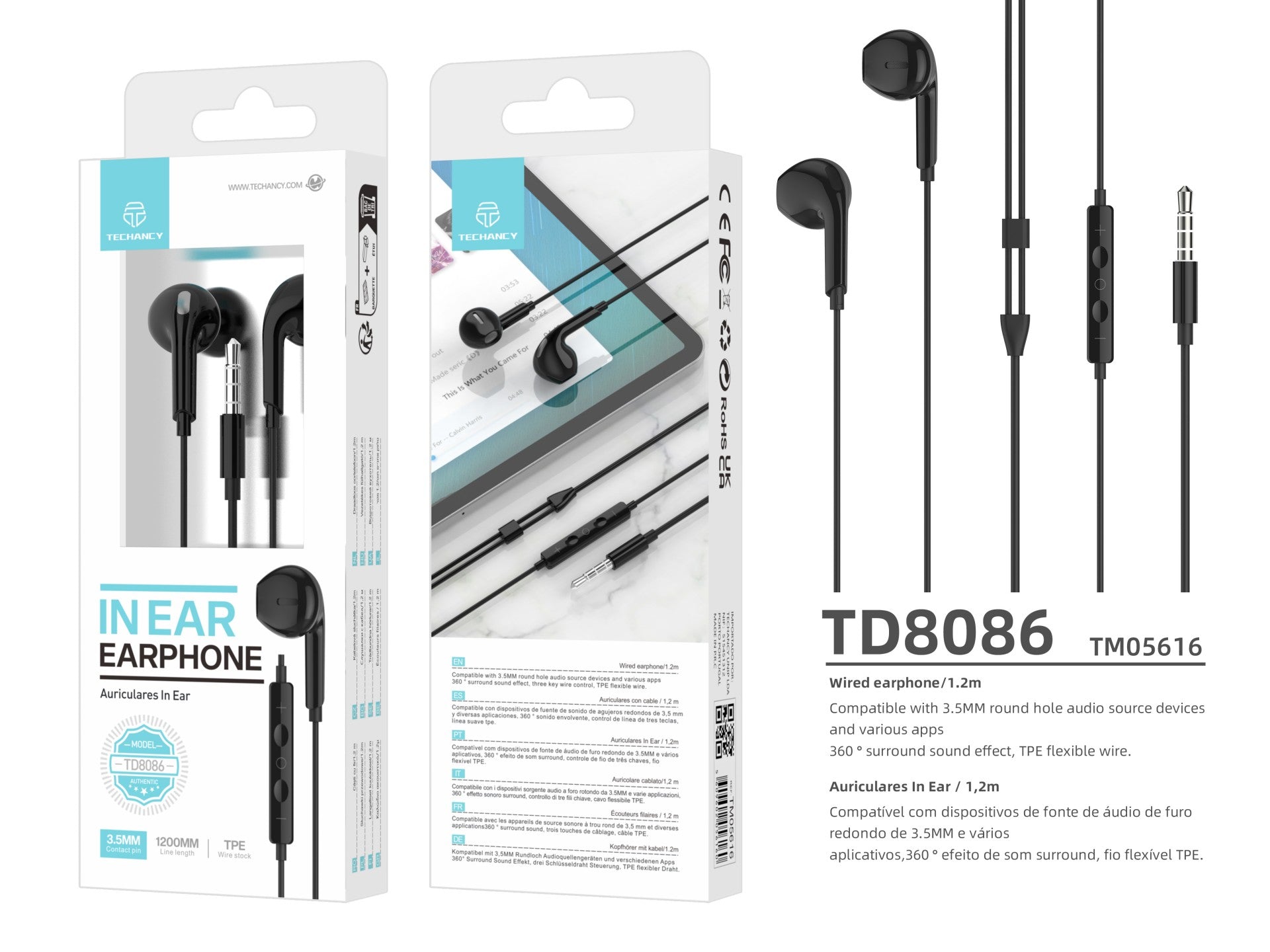Techancy Auscultadores Intra-Auriculares Pretos 1.2m TD8086 Com Cabo E Microfone, Auscultadores Para Música De 3,5 Mm