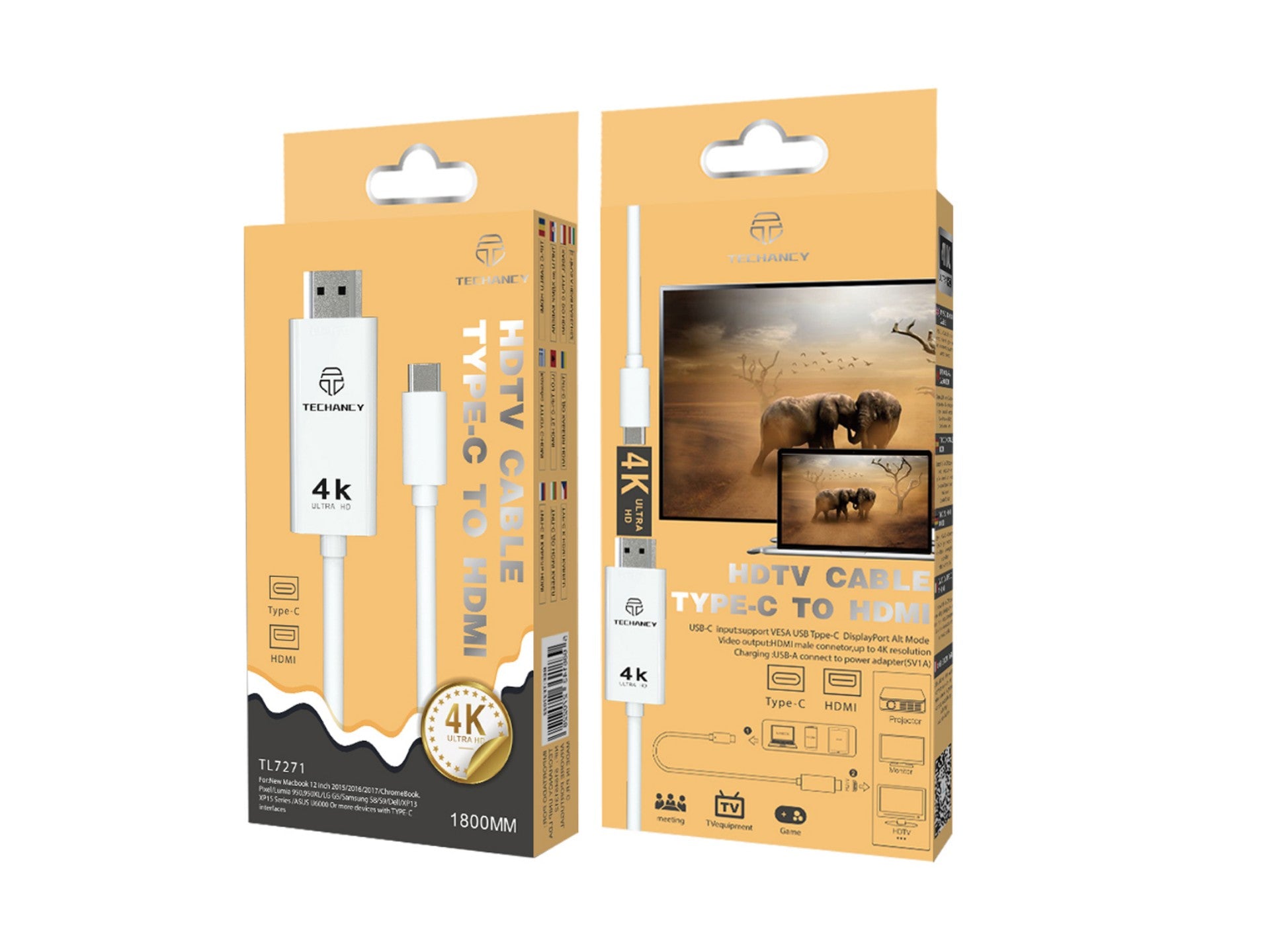 Cable tipo C Techancy para duplicación de pantalla HDTV móvil, TL7271, 1,8 m, 4K*2K, negro