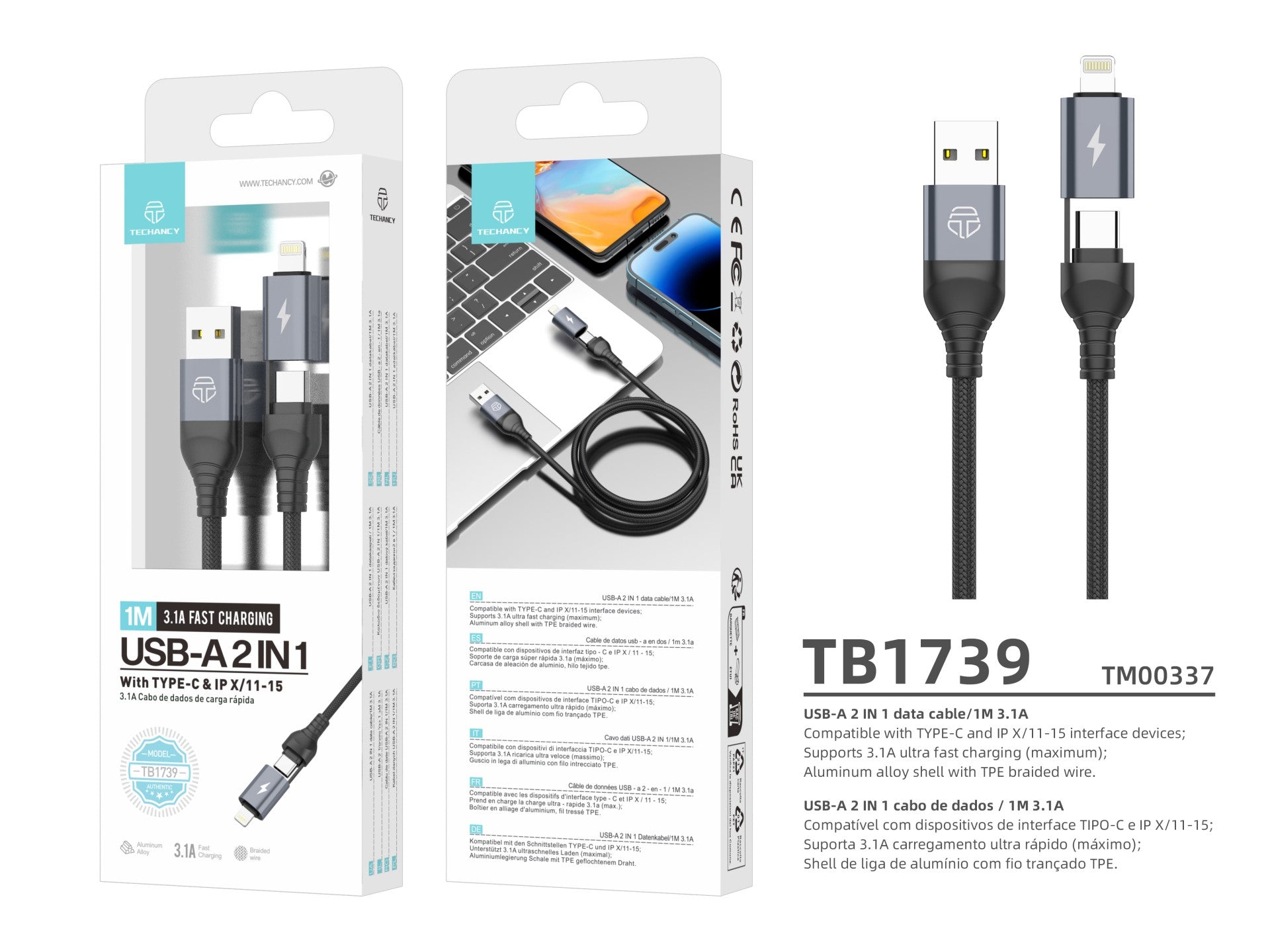 Techancy Cabo De Dados Usb 2 Em 1 Preto TB1739, Carregamento Rápido De 3,1 A, Tipo C/Lightning Em Ambas As Portas