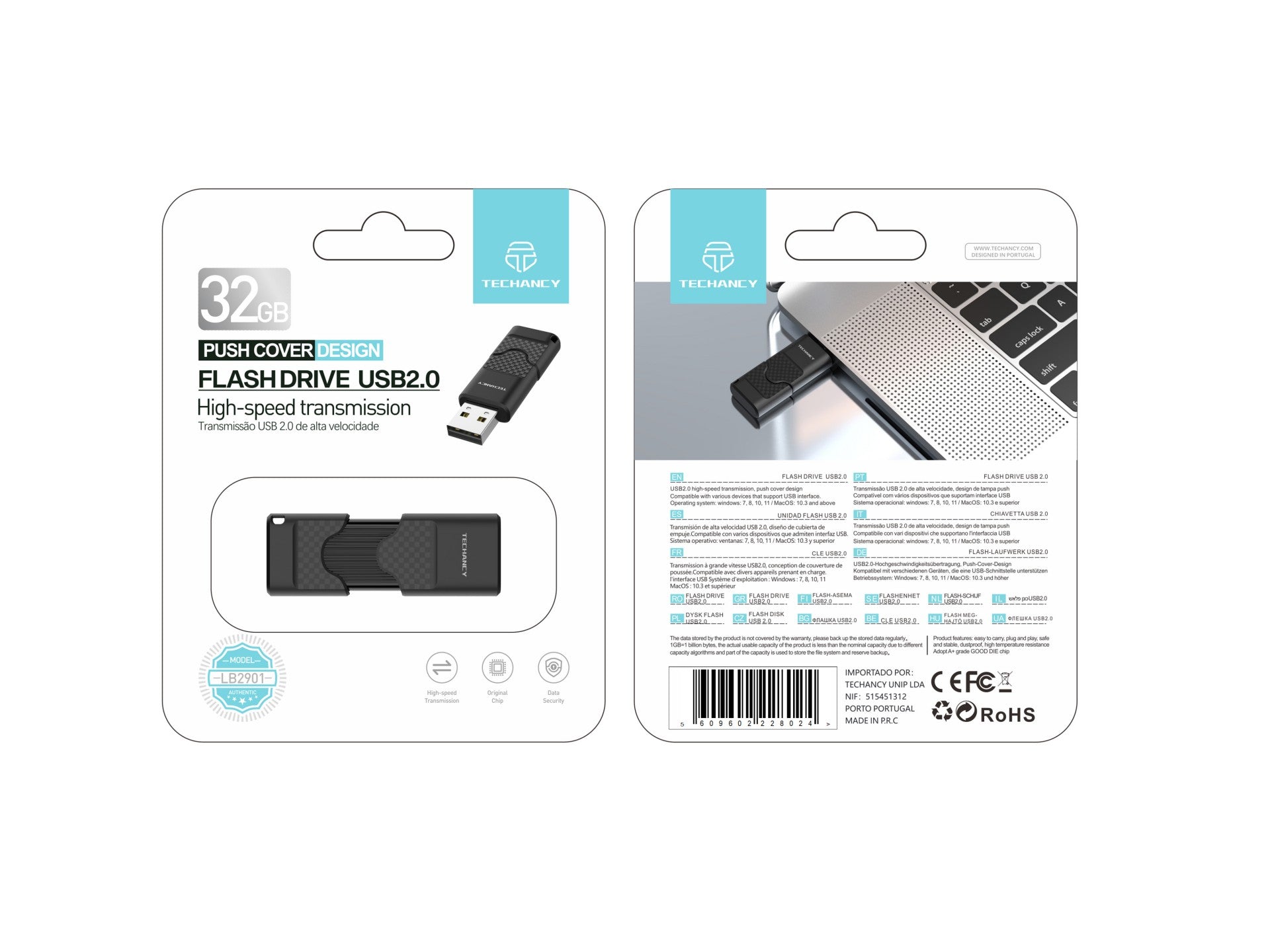 Unidad flash USB Techancy de 32 GB, color negro, LB2901, USB 2.0, compatible con PC, dispositivos móviles y Mac, almacenamiento seguro de archivos.