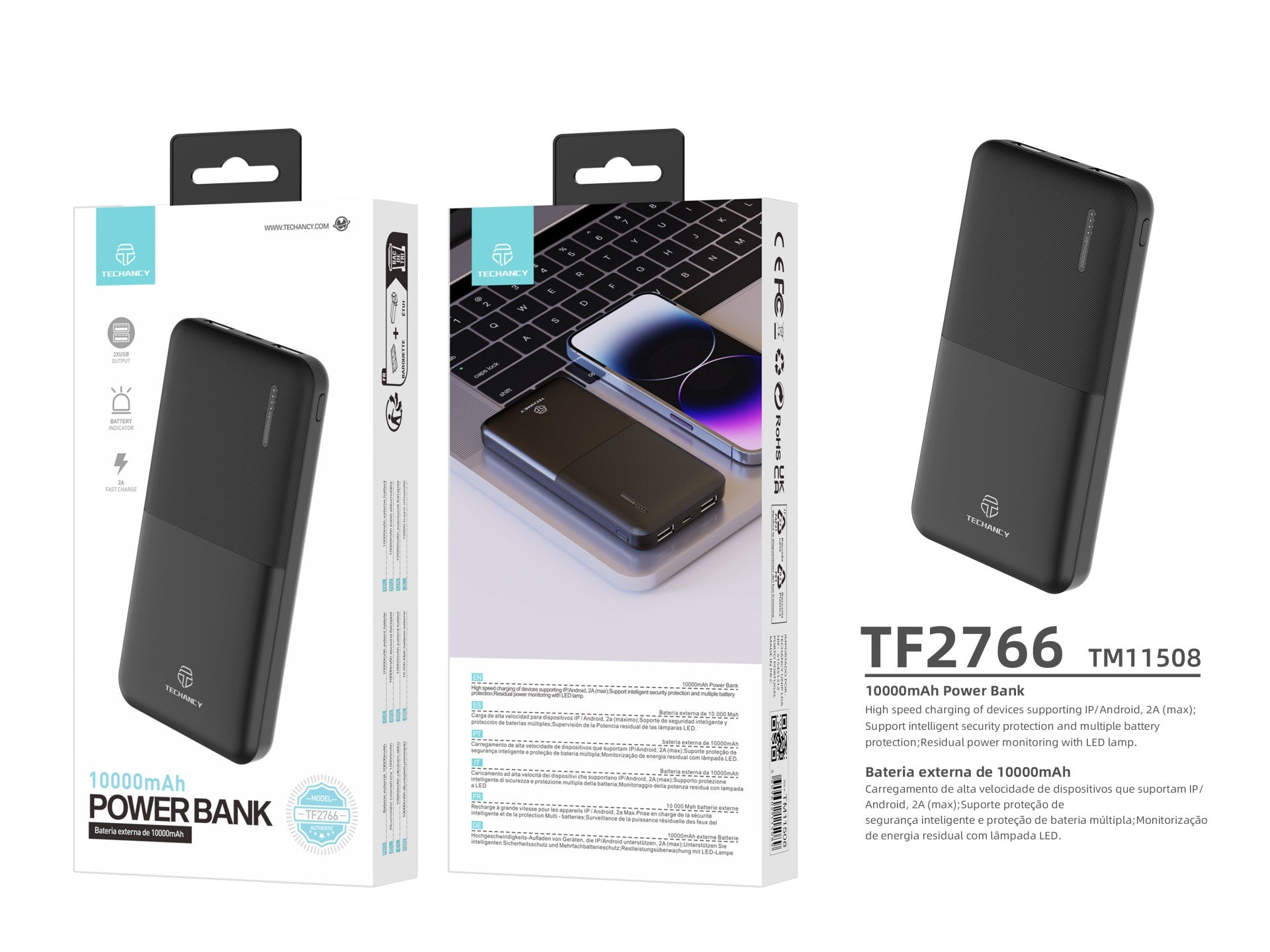 Techancy 10000mah Power Bank Black TF2766,2A Fast Charging, 2 Usb Outputs For Cell Phone/Tablet.