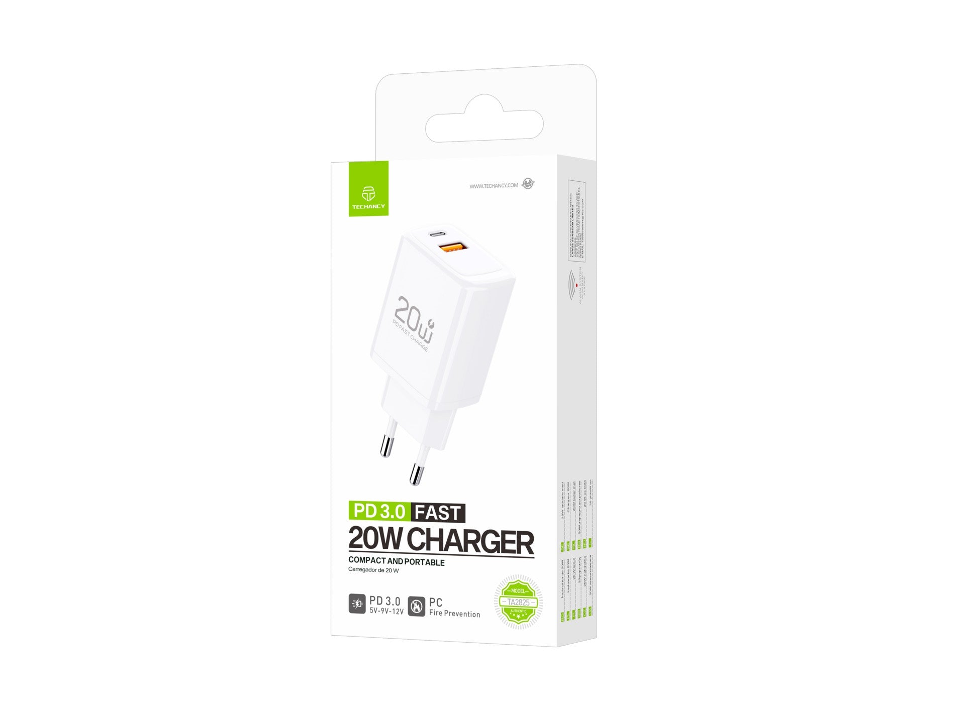 Cargador Techancy TA2825 PD3.0 de 20 W con dos puertos USB-C y USB-A, compatible con varios teléfonos móviles y tabletas.