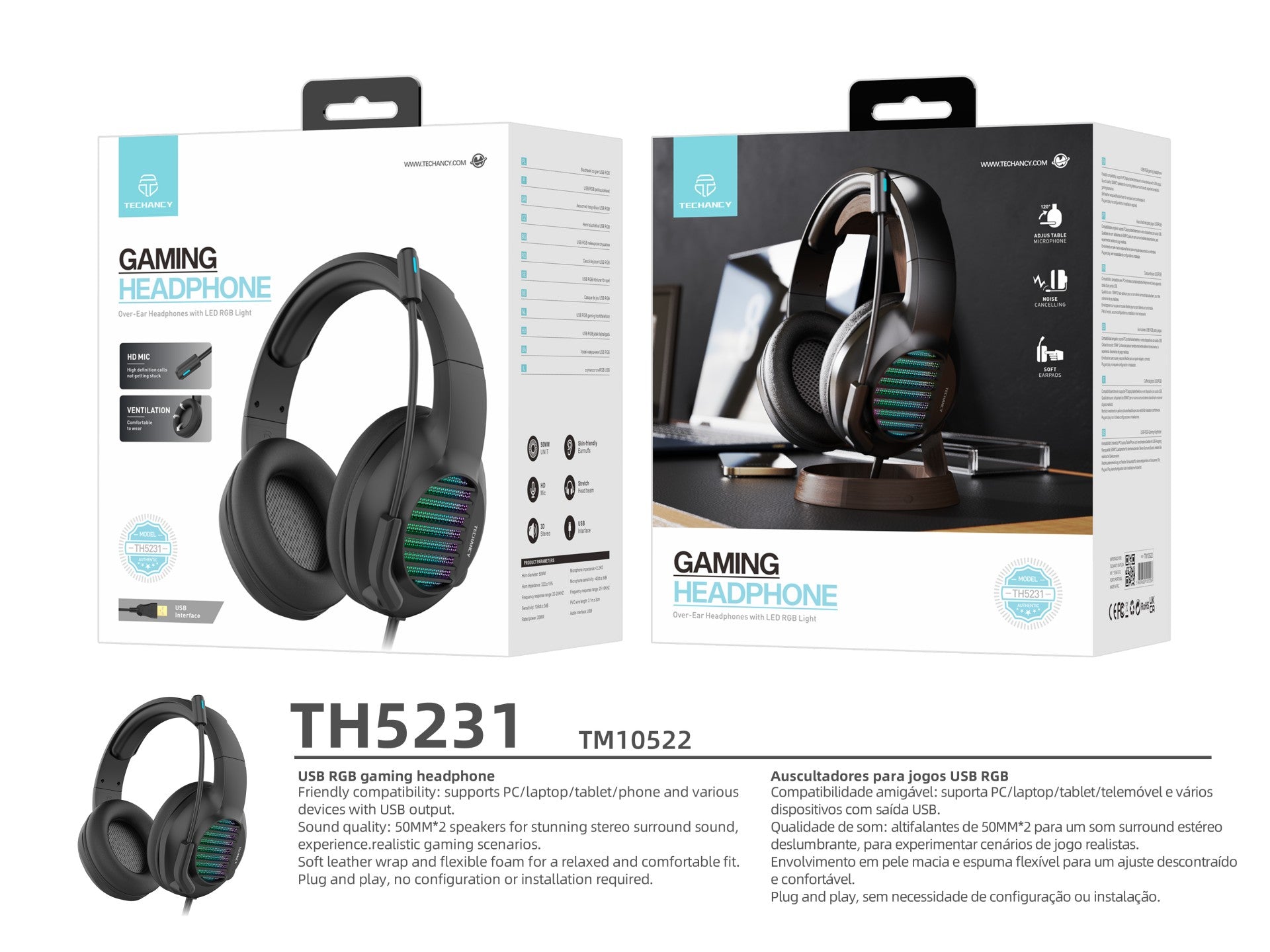 Auriculares estéreo para juegos Techancy TH5231, entrada de puerto USB para PC, cubierta de cuero suave, Plug and Play.