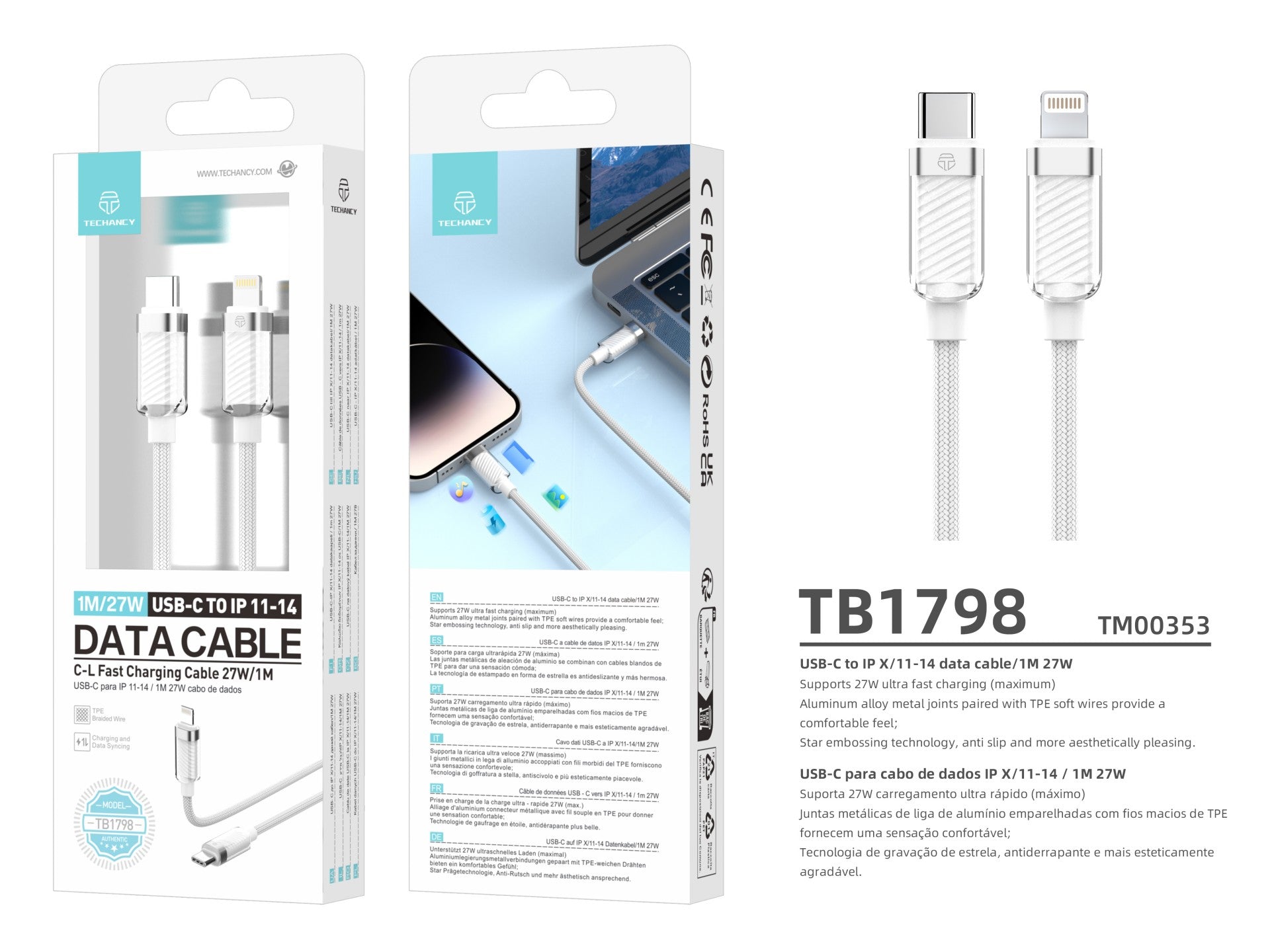 Techancy Cabo Usb-C Para Ip 11-14 Cabo De Dados 1m/27w Branco TB1798, Compatível Com Iphone/Ipad Carregamento Rápido E Dados
