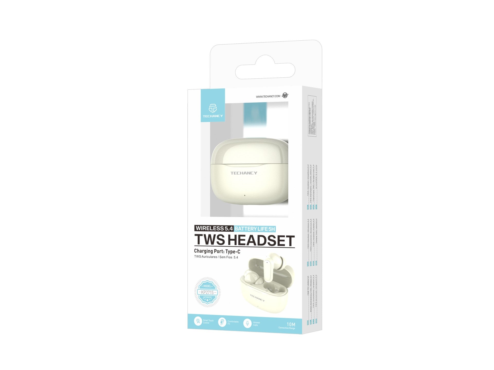 Techancy Auriculares Bluetooth TWS Wireless 5.4 KP2715 Microfone HD Toque inteligente USB C para Android iPhone Creme