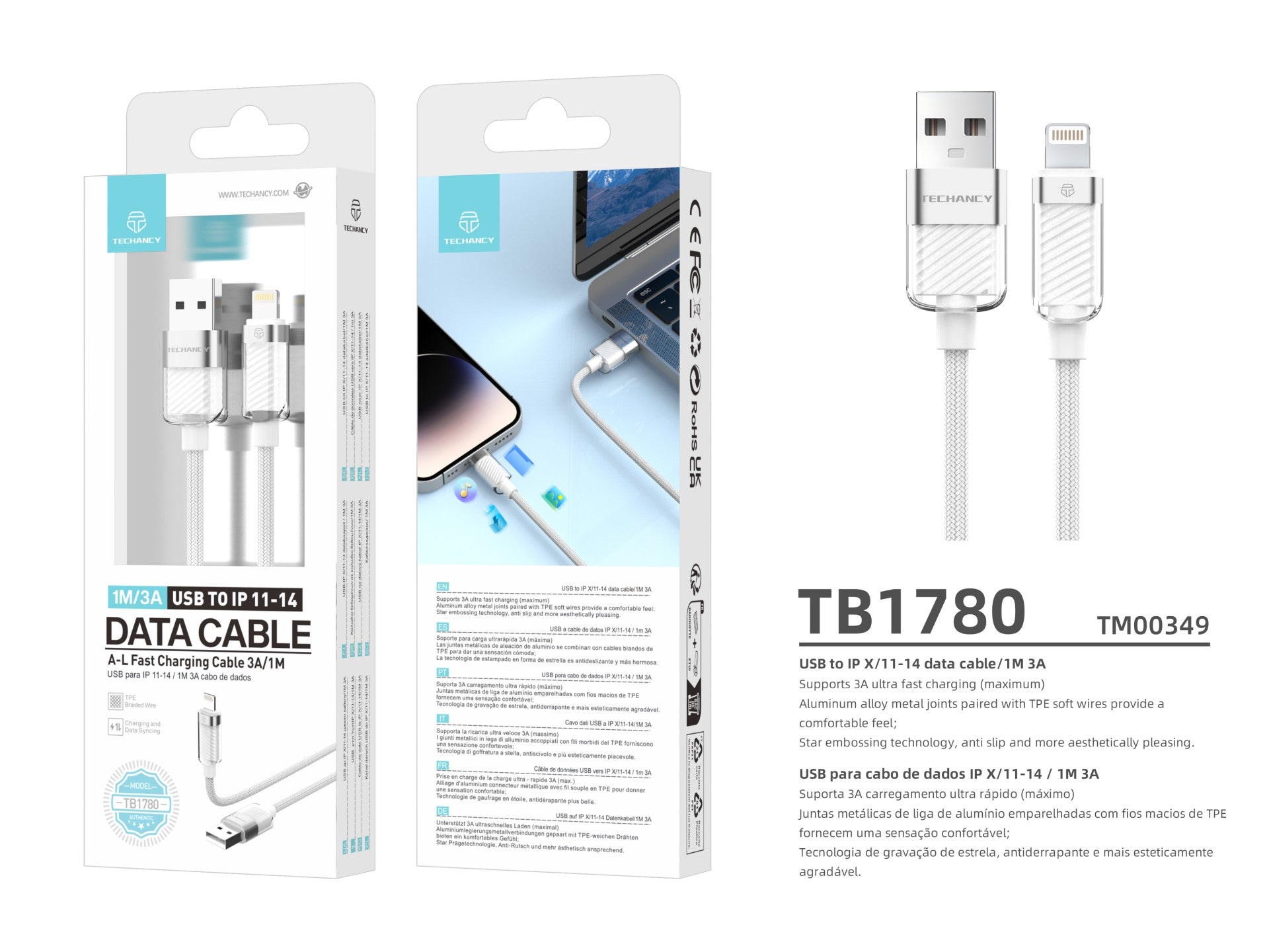 Techancy IP 11-14/USB Data Cable 1m/3A White TB1780, Compatible with iPhone/iPad Fast Charging and Data
