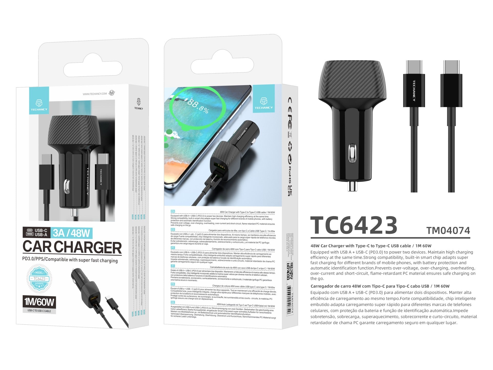 Techancy Carregador De Automóvel De Porta Dupla 48w Usb+Usb-C Pd3.0 TC6432 Com Cabo Preto De 1m/60w Tipo-C Para Tipo-C
