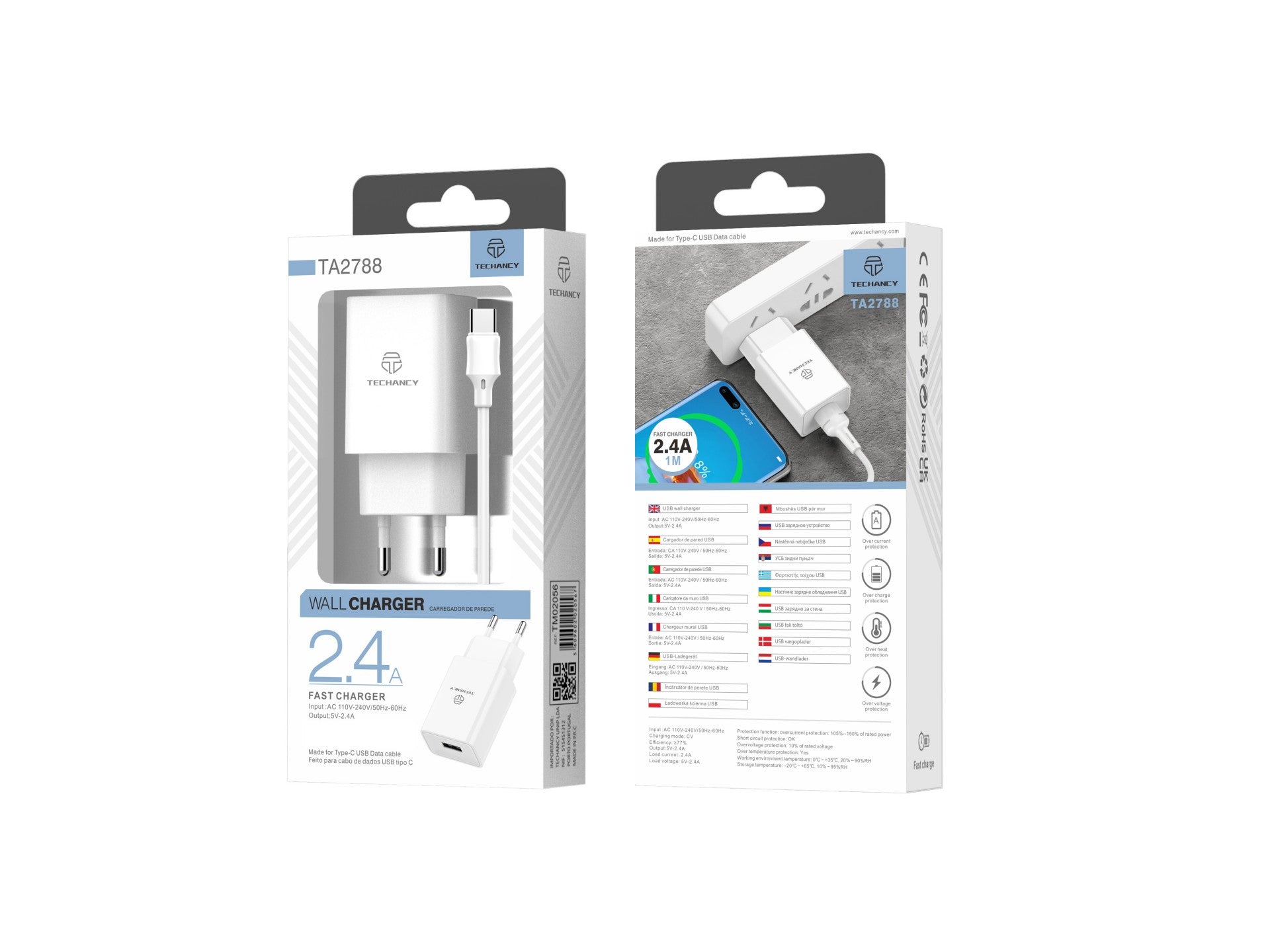 Techancy Carregador De Telemóvel Branco TA2788, Saída Usb 5v-2.4a Carregamento, Cabo Usb-Tipo C Conjunto De Carregador 1m