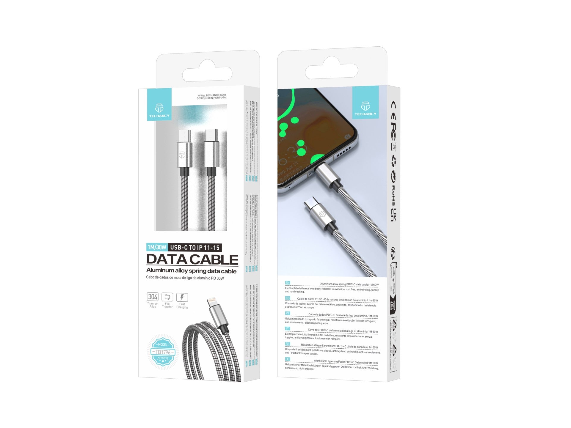 Techancy Cabo Usb C Para Lightning 1m TB1796, Design Totalmente Metálico, Resistente A Animais, Carregamento Rápido De 30 Watts