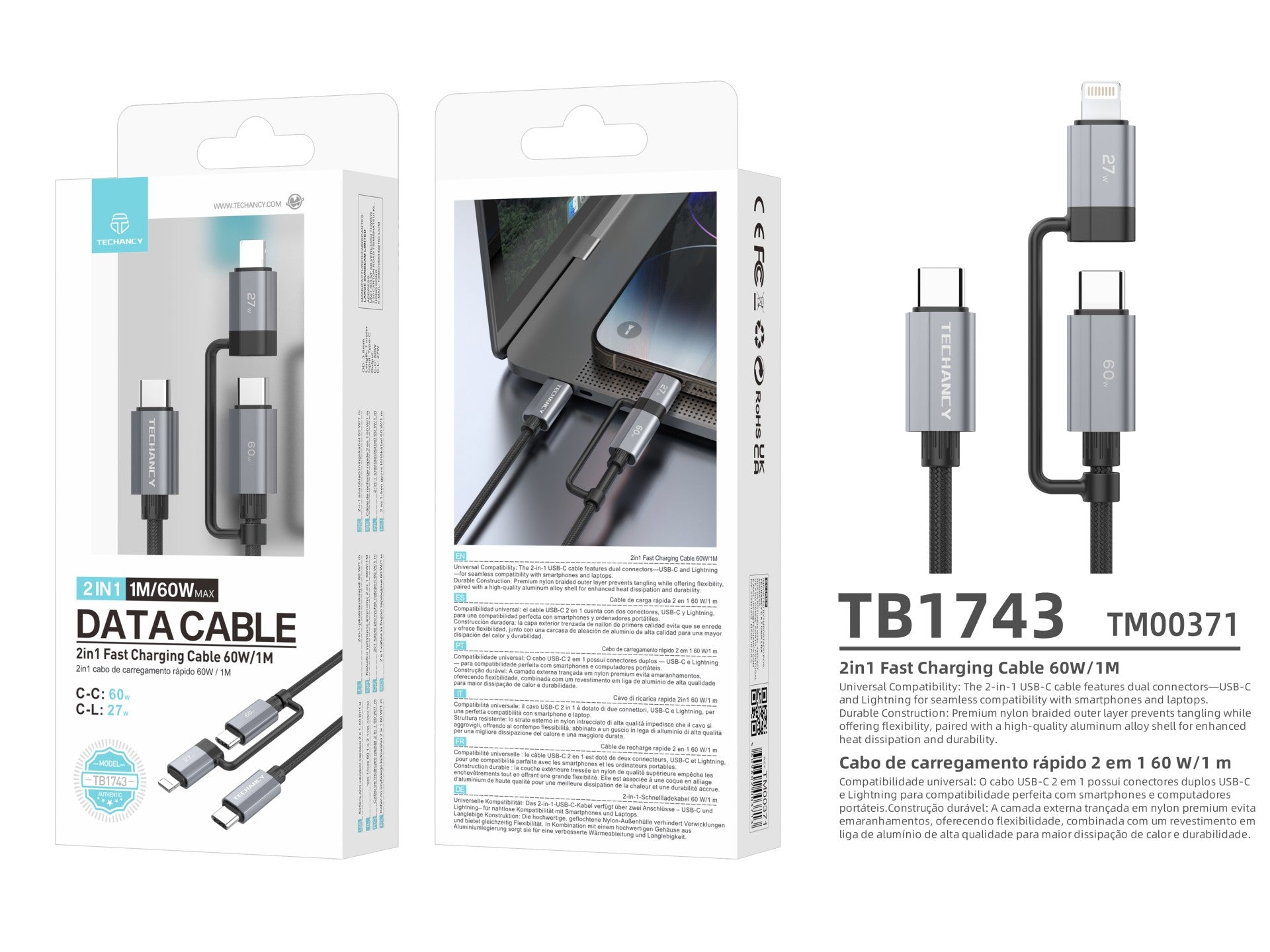 Cable de carga rápida Techancy TB1743 2 en 1 de 1 m, USB-C a USB-C de 60 W y USB-C a Lightning de 27 W, cable duradero para múltiples dispositivos