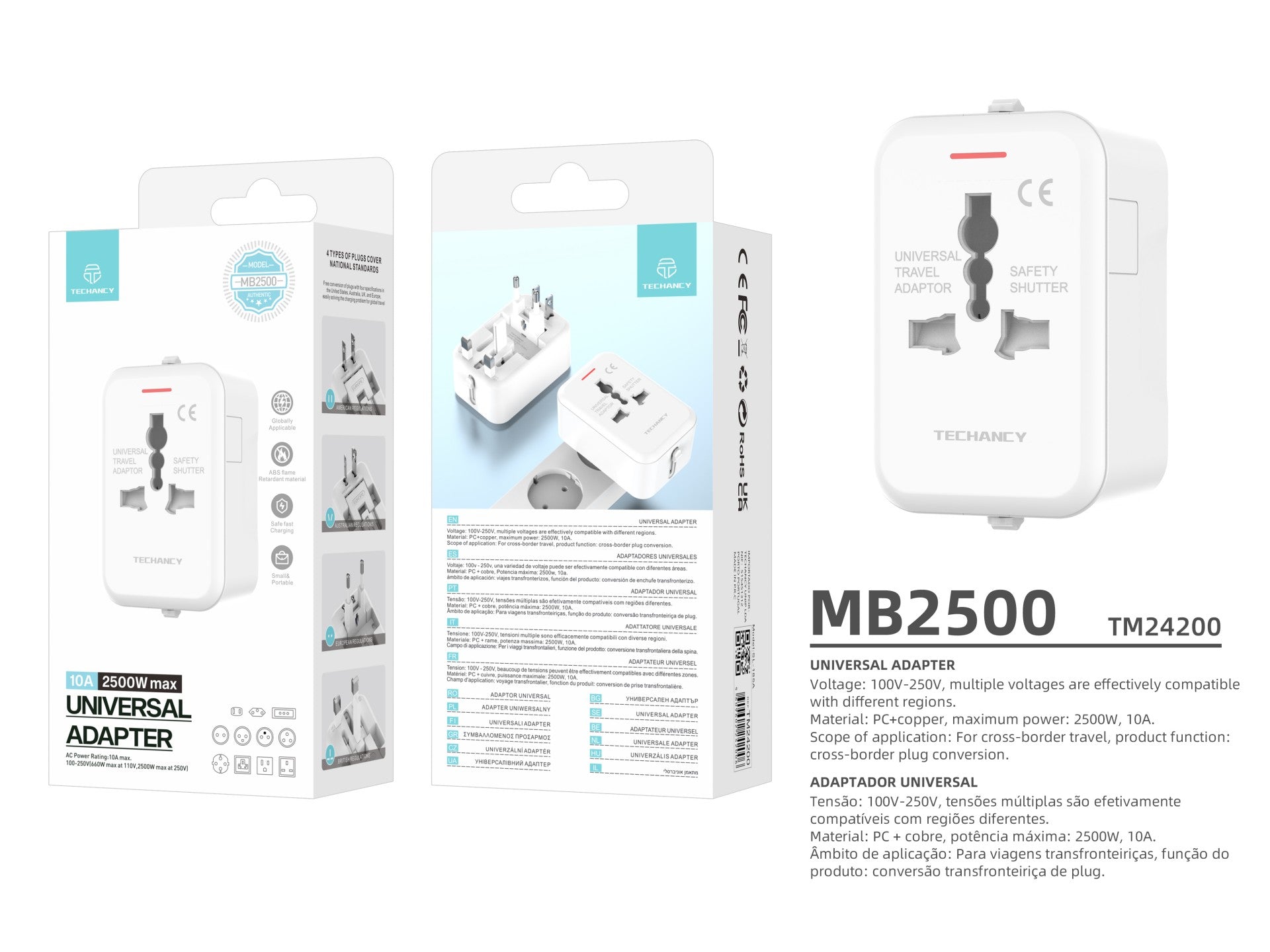 Techancy Adaptador Universal De Viagem Branco MB2500, 2500 W (Máx.) Função De Conversão De Ficha De Viagem Transfronteiriça