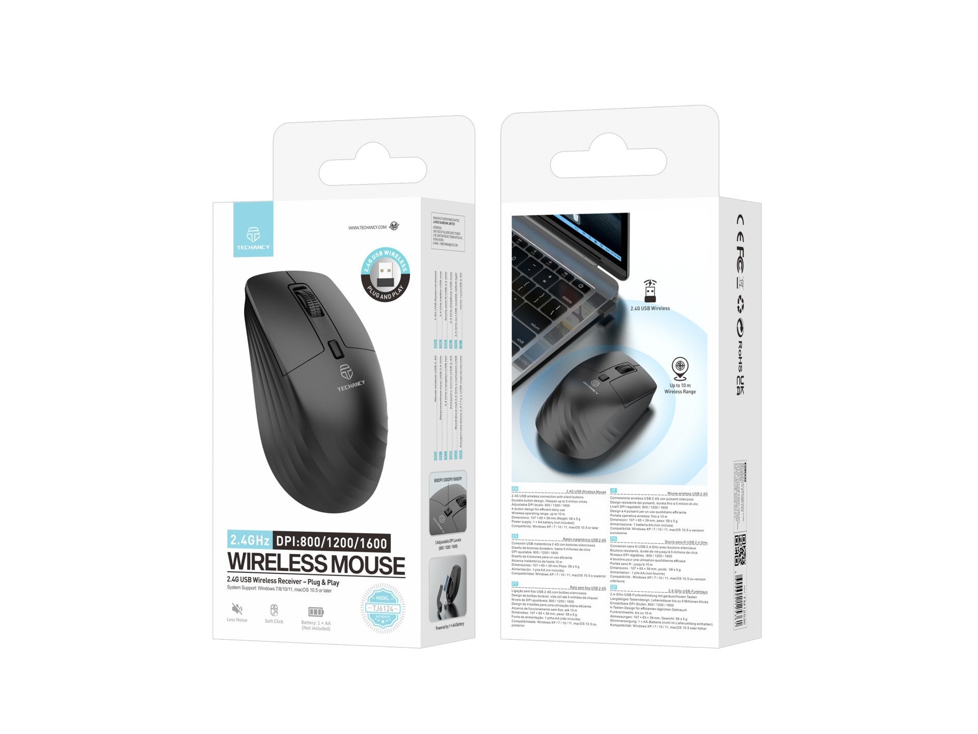 Ratón inalámbrico Techancy TJ6124 2.4G con receptor USB, Plug and Play, botones silenciosos, 800/1200/1600 DPI, negro