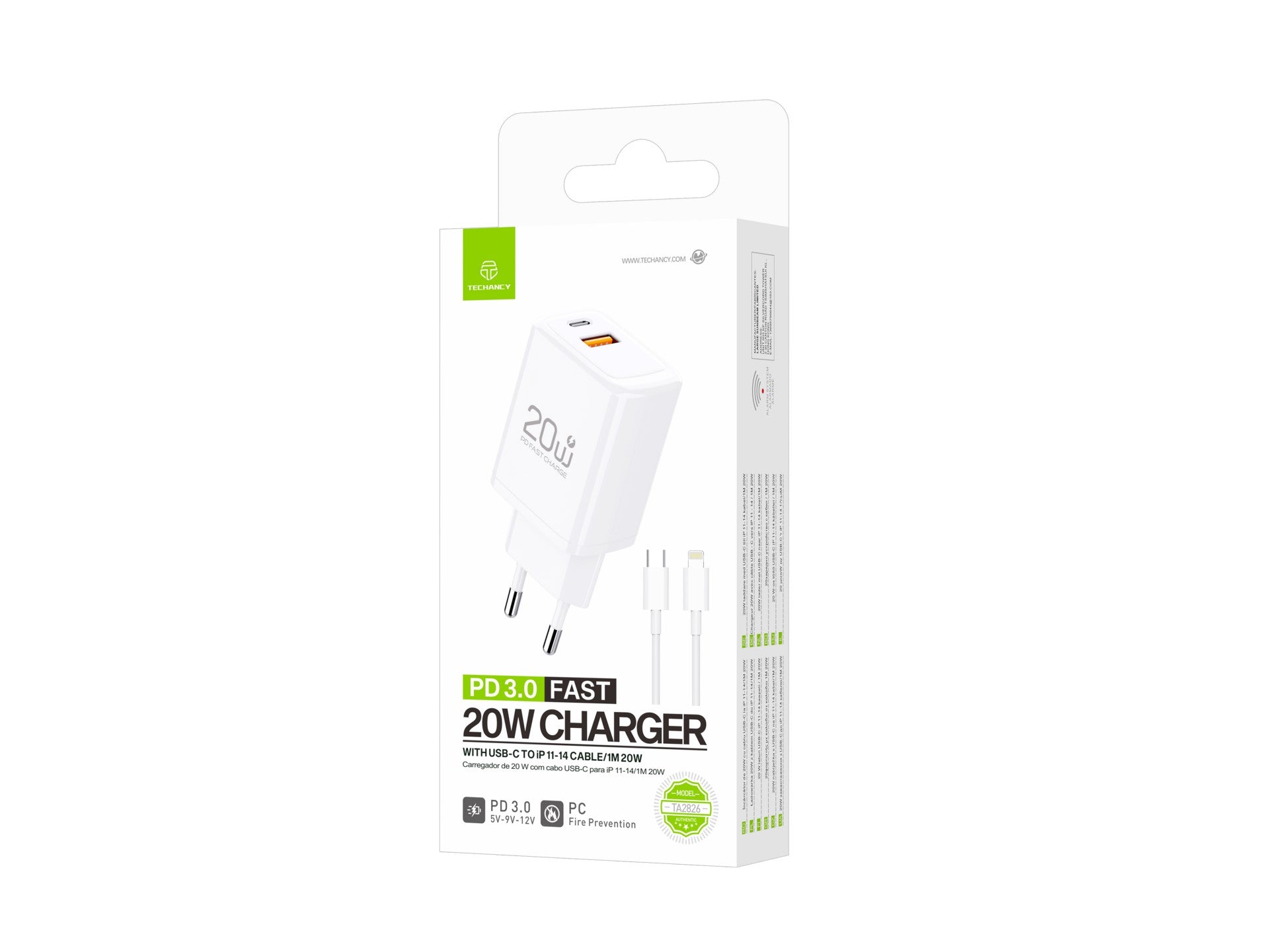 Cargador Techancy TA2826 PD3.0 de 20 W con dos puertos USB-C y cable Lightning compatible con iPhone de la serie 8 a 14