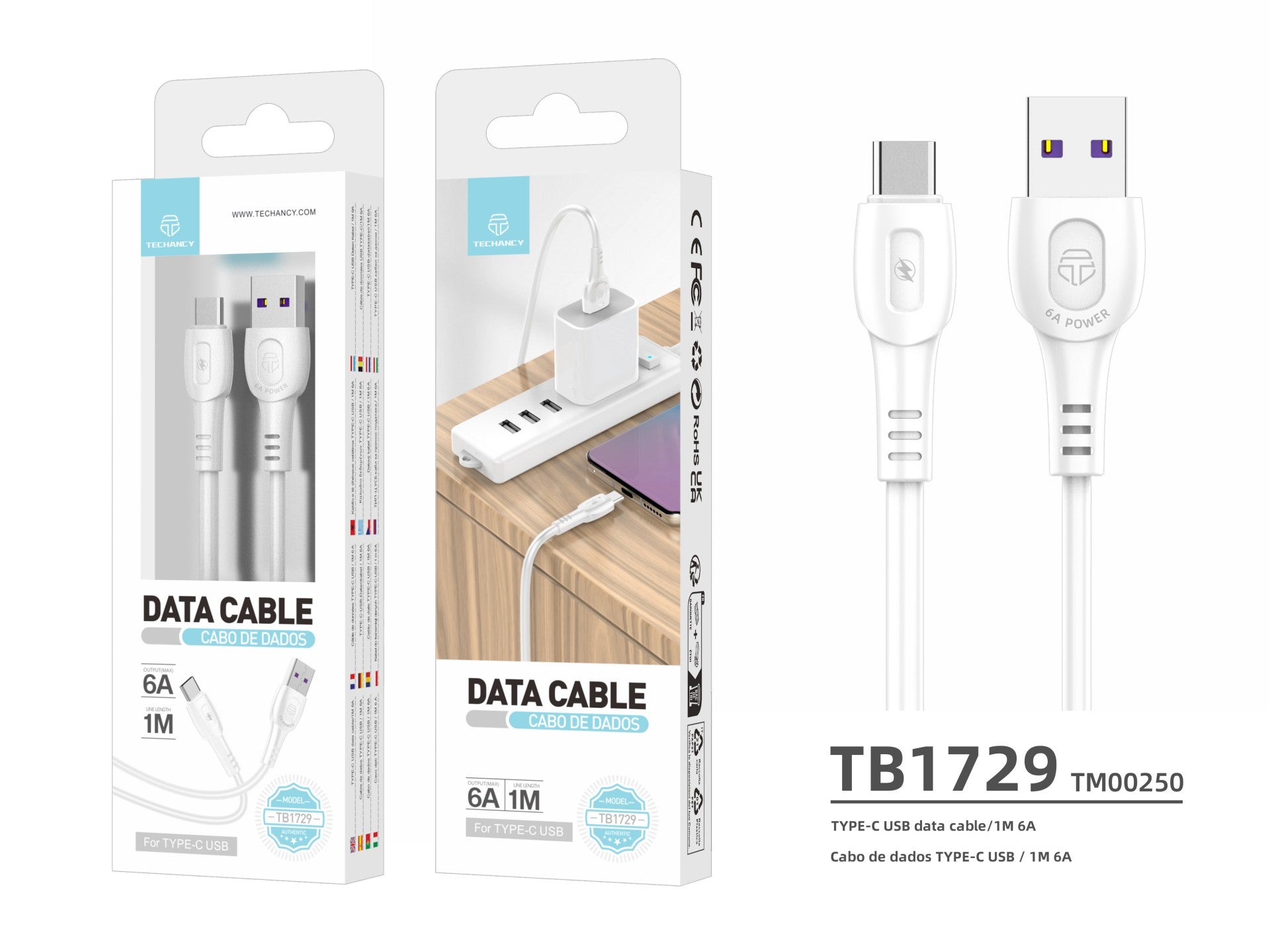 Techancy Cabo De Dados De Carregamento Super-Rápido 6A Branco TB1729, Porta Usb-Tipo-C, 1 M De Comprimento, Carregamento Rápido