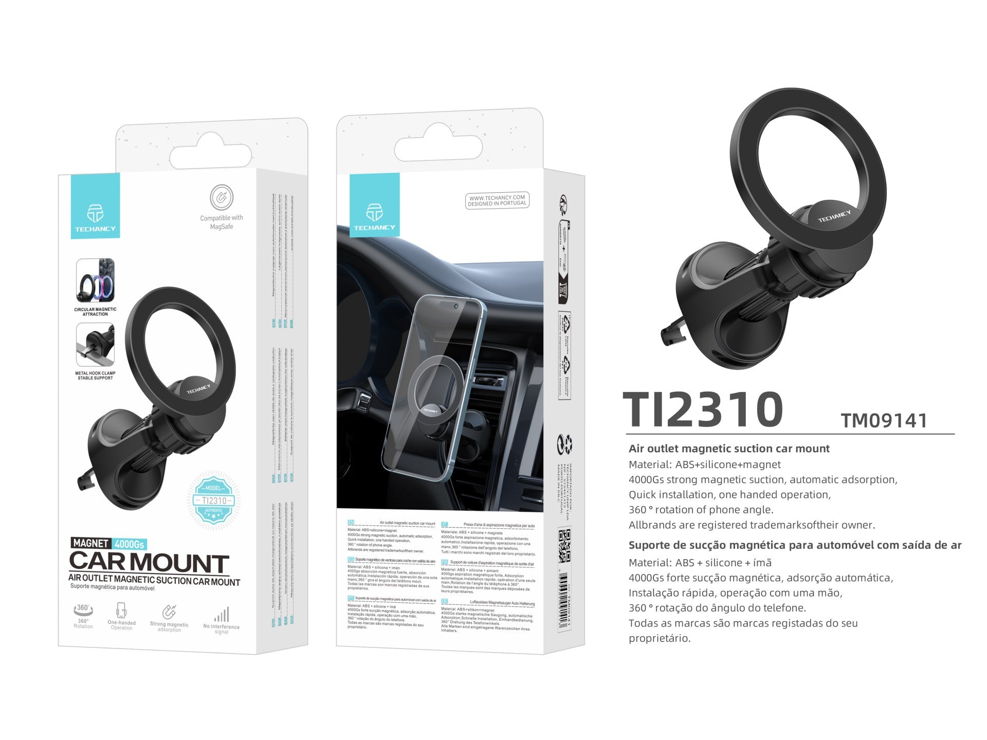 Techancy Suporte Magnético Para Automóvel Com Magsafe Preto Ti2310, Fixação Magnética Compatível Com Ip12/13/14/15/16