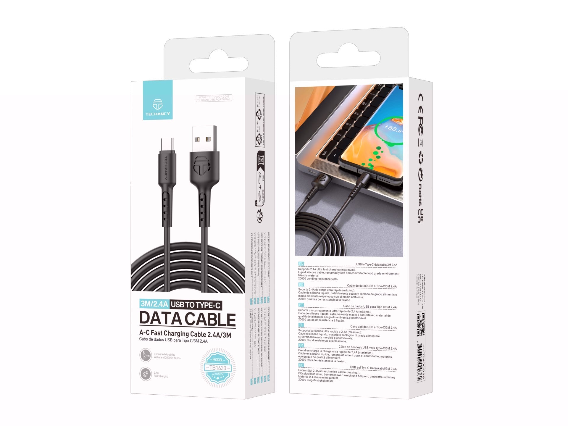 Techancy Cabo De Dados Preto TB1630, Cabo De Carregamento Rápido Usb Para Tipo C, 3 M/2,4 A, Compatível Com Dispositivos Usb-C