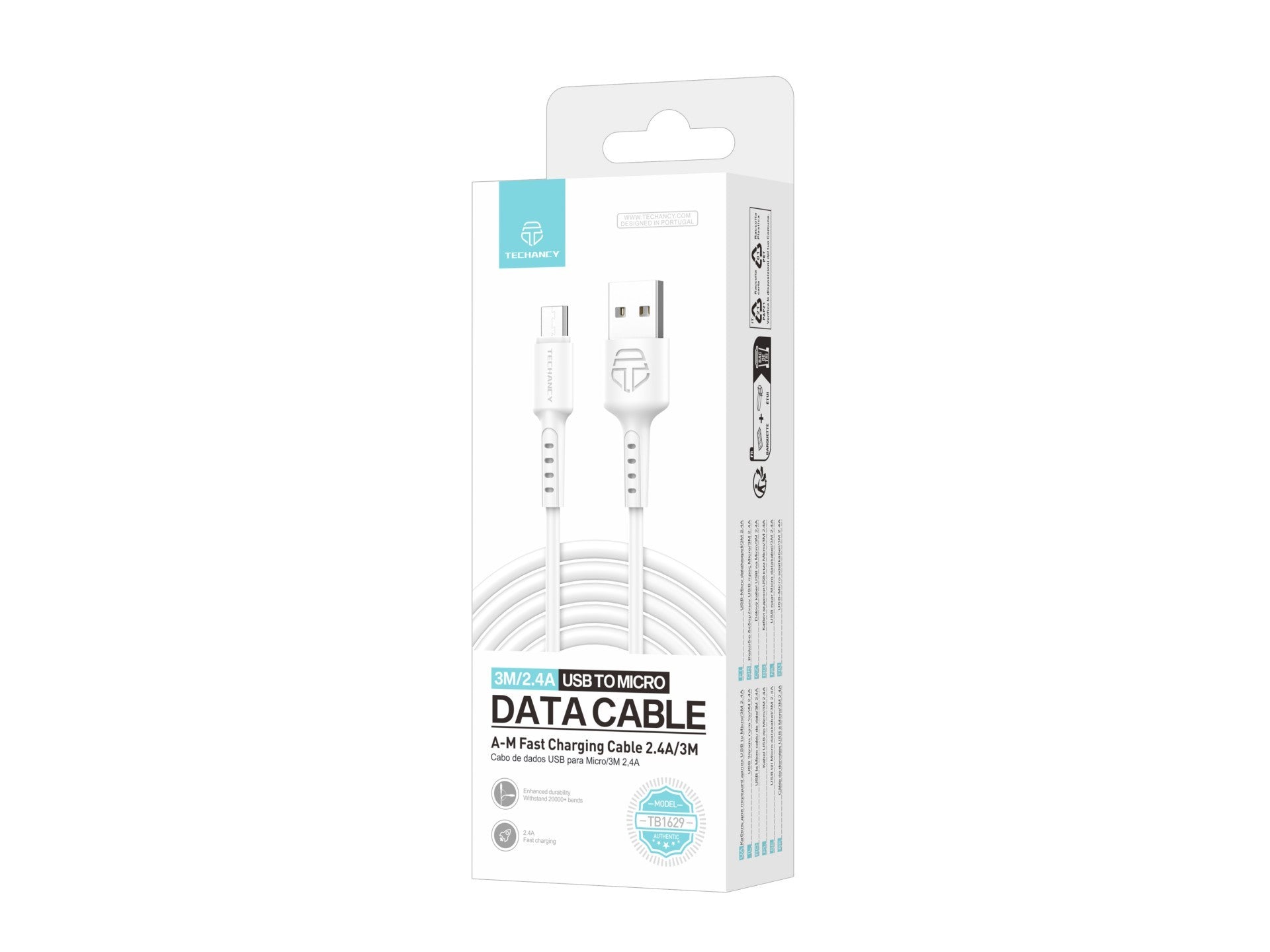 Techancy TB1629 White Data Cable, USB to Micro Fast Charging Cable, 3M/2.4A, Compatible with Android Devices