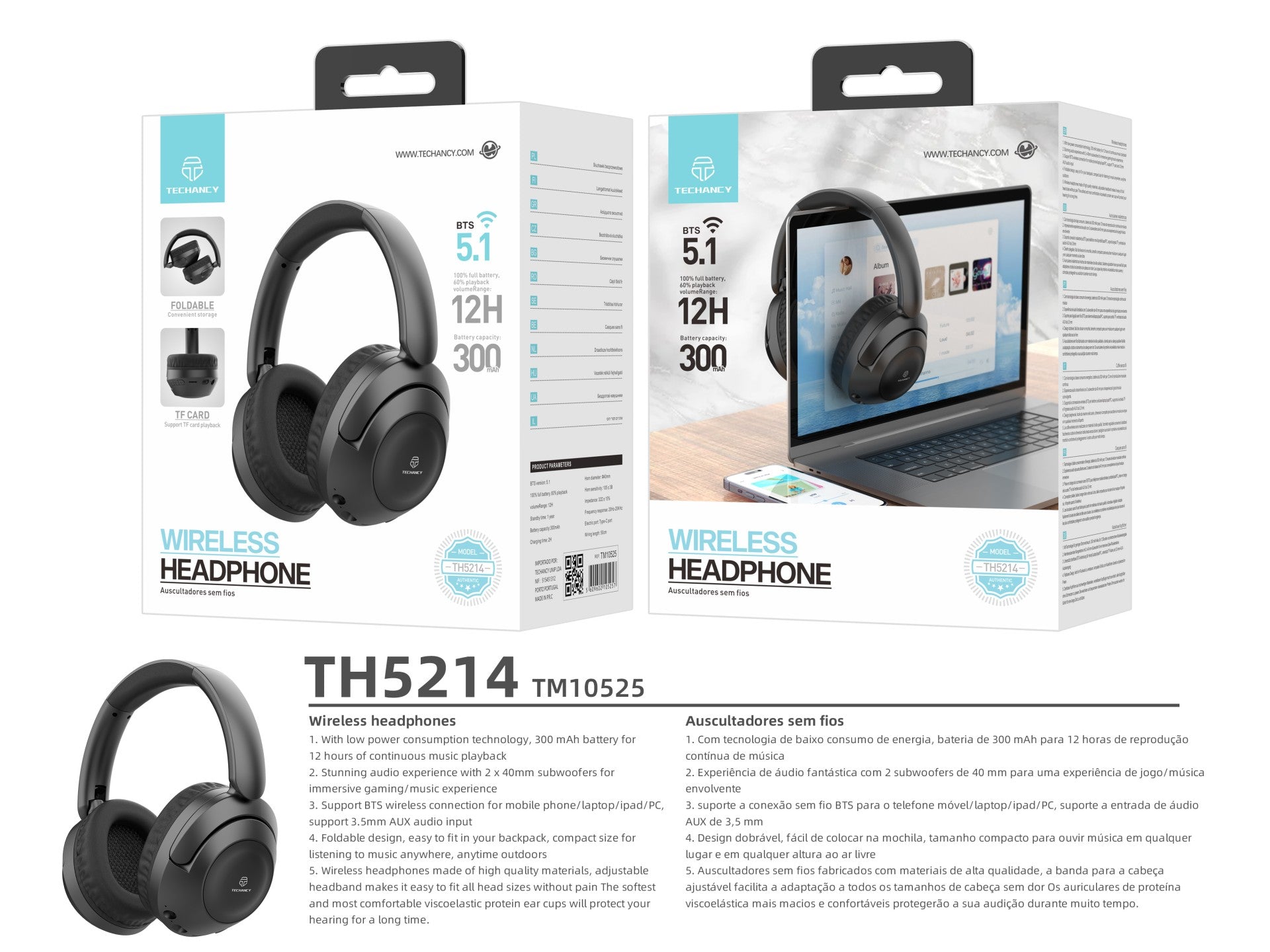 Techancy Wireless Headphones TH5214, 12h Music Playback, Stereo Effect, Foldable Design, Comfortable to Wear.