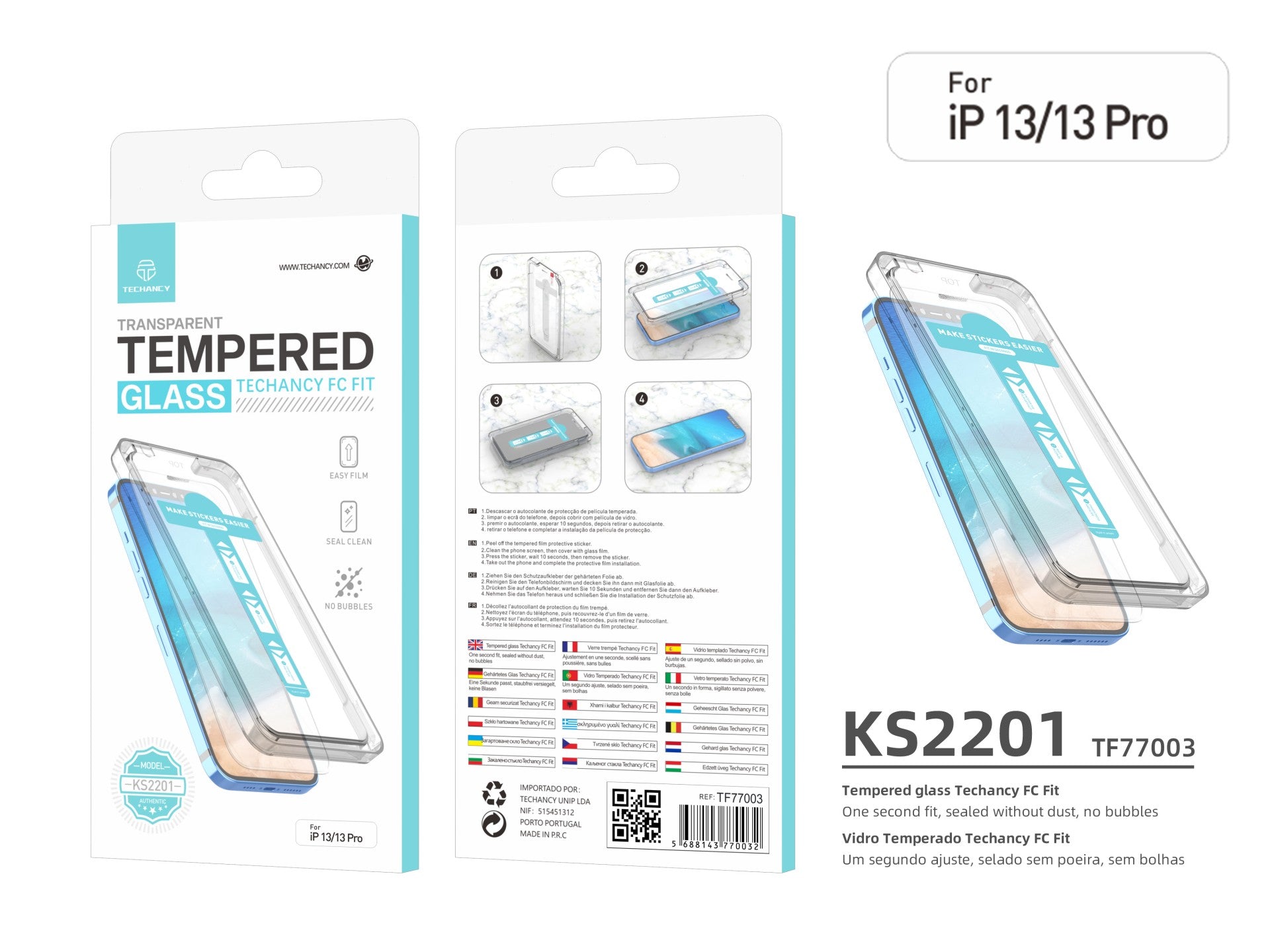 Techancy Tempered Glass Screen Protector, Dustproof Case with Quick Installation, Bubble Free, KS2201, Compatible with iPhone 13/13 Pro, Clear Color