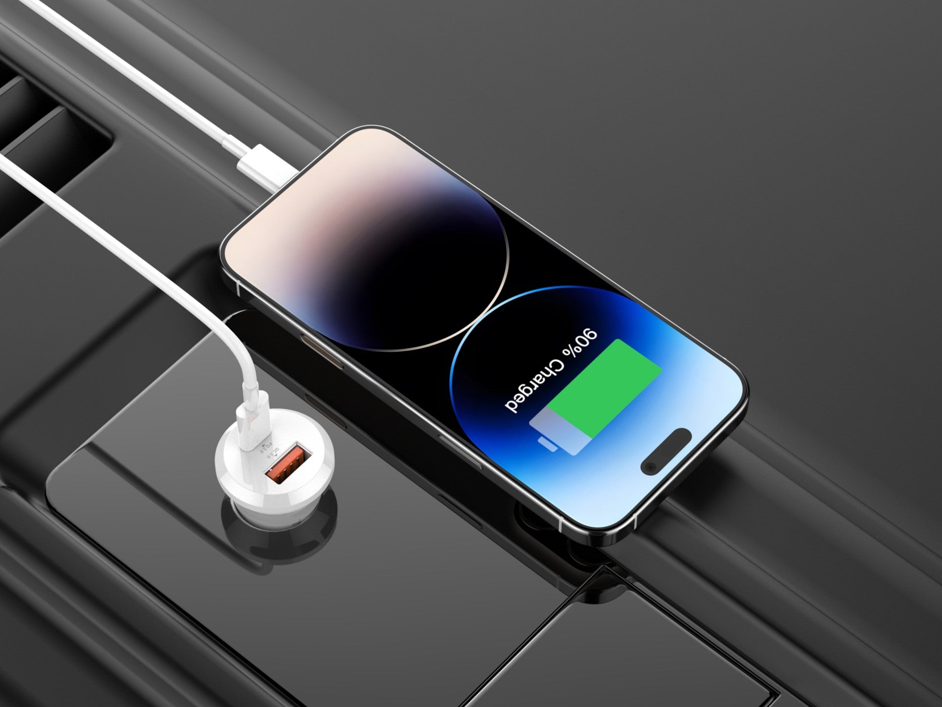 Cargador de coche Techancy TC6428 de 30 W USB-A+USB-C con cable USB-C a Lightning PD3.0 QC3.0 de 1 m (12-24 V)