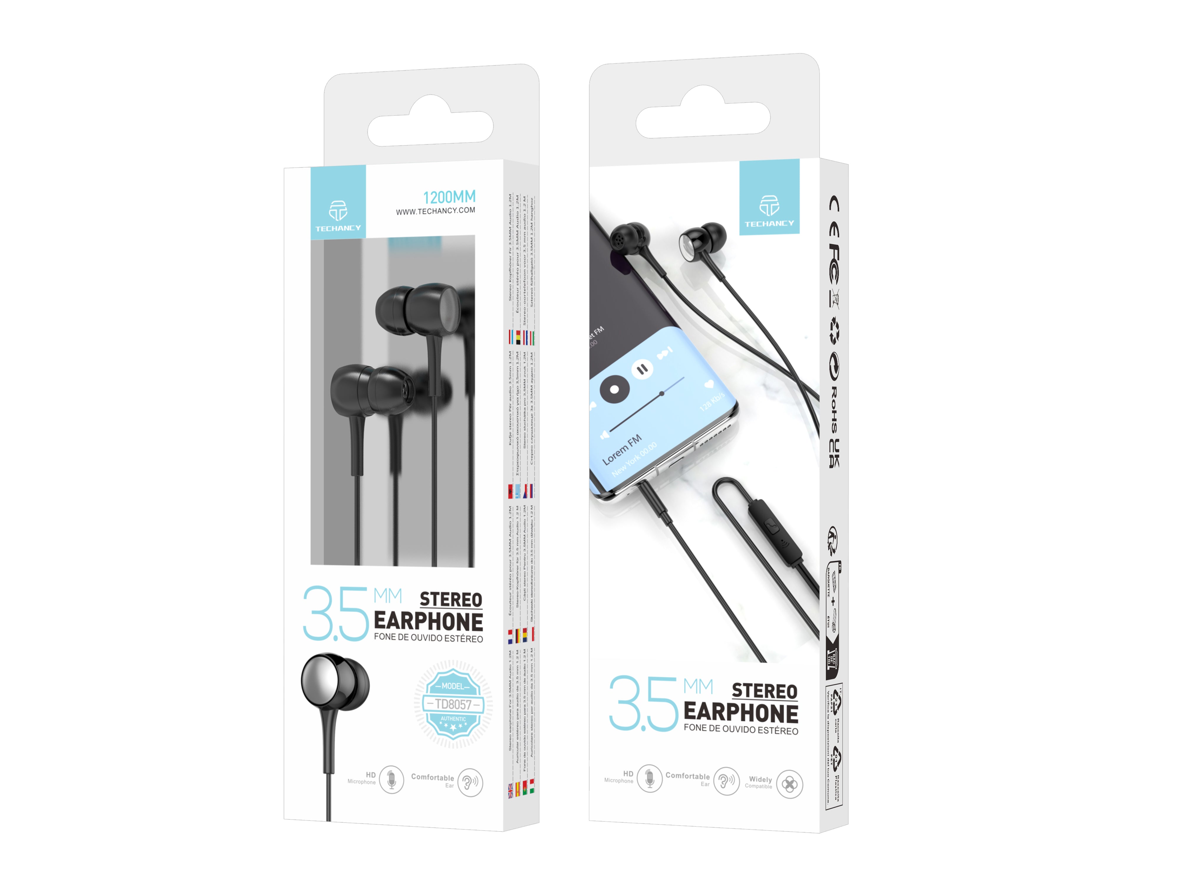 Techancy Auscultadores Intra-Auriculares Com Fios Pretos 1,2 M TD8057, Tomada De 3,5 Mm Compatível Com Telemóveis/Pc/Mp3, Etc.