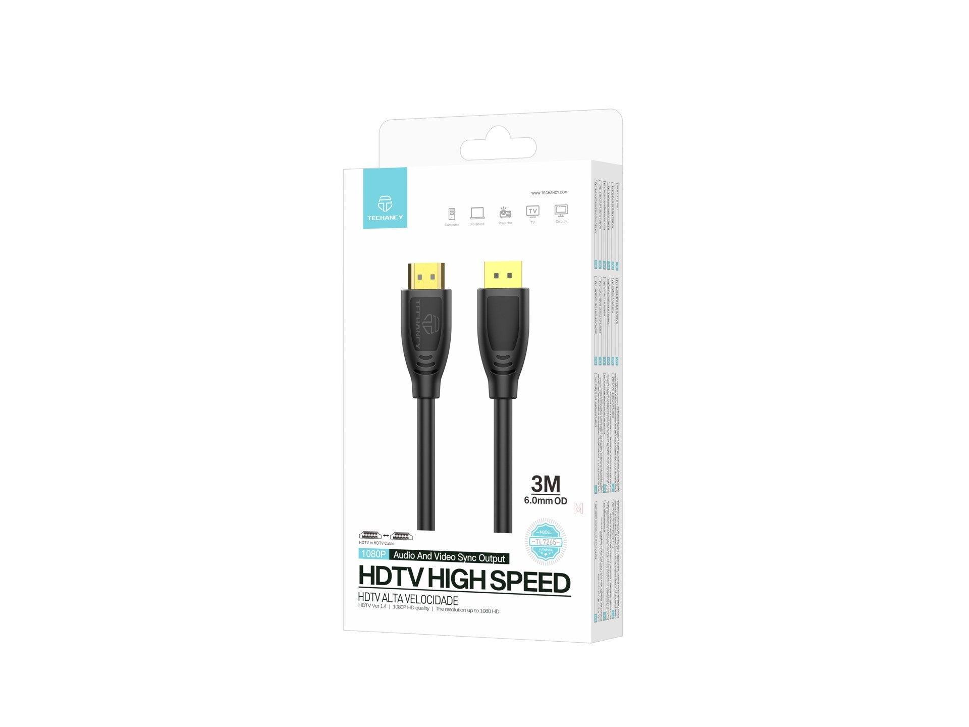 Techancy Cabo Hdtv De Alta Velocidade TL7265,3m, Ecrã Hd 1080p Para Televisores, Computadores, Projectores E Consolas