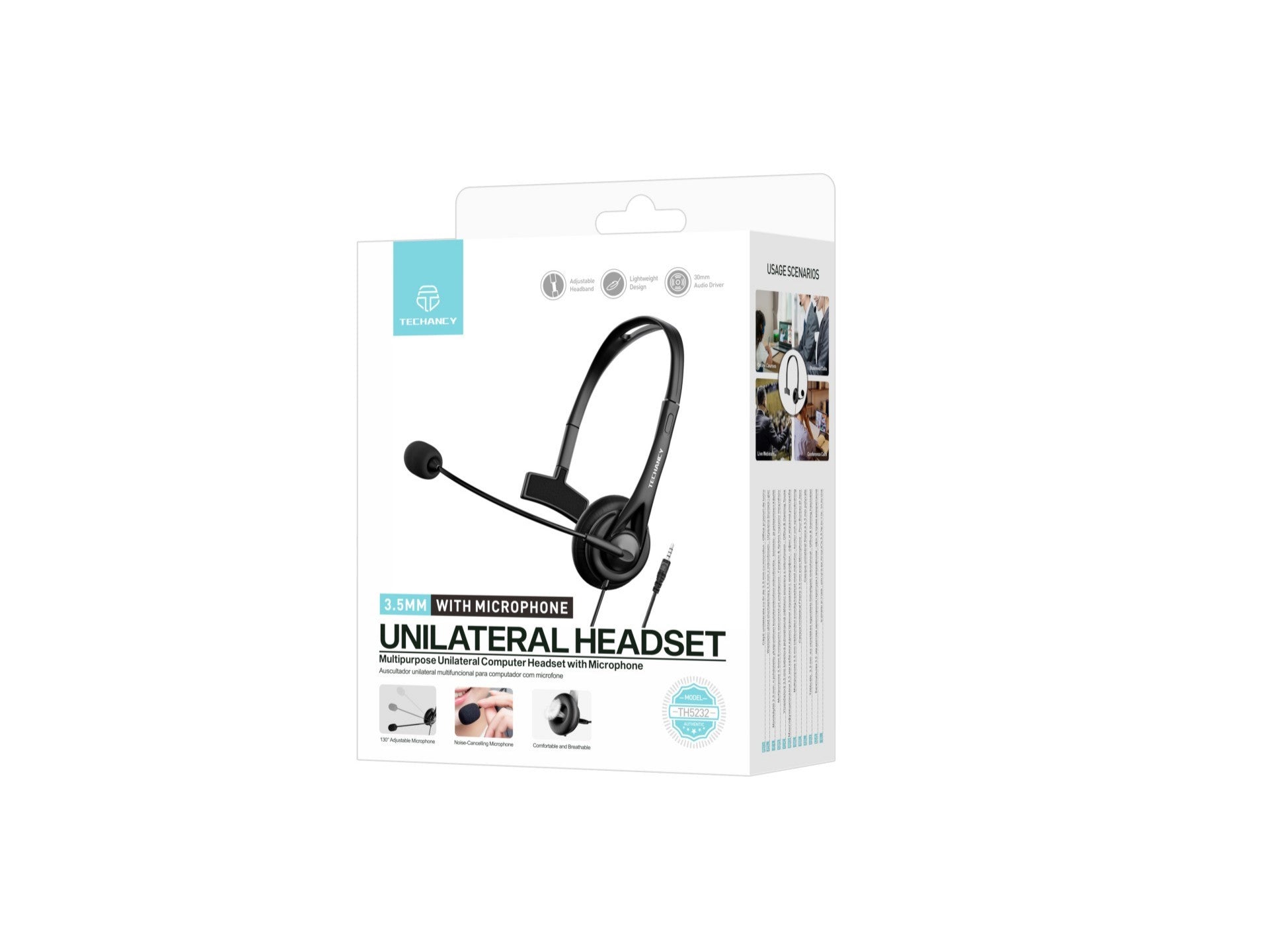 Techancy TH5232 Wired 3.5mm One-Handed Headset with Noise-Cancelling Microphone for Call Centers, Offices, Meetings, and Gaming. Compatible with PC, Mobile Phones, and Consoles.