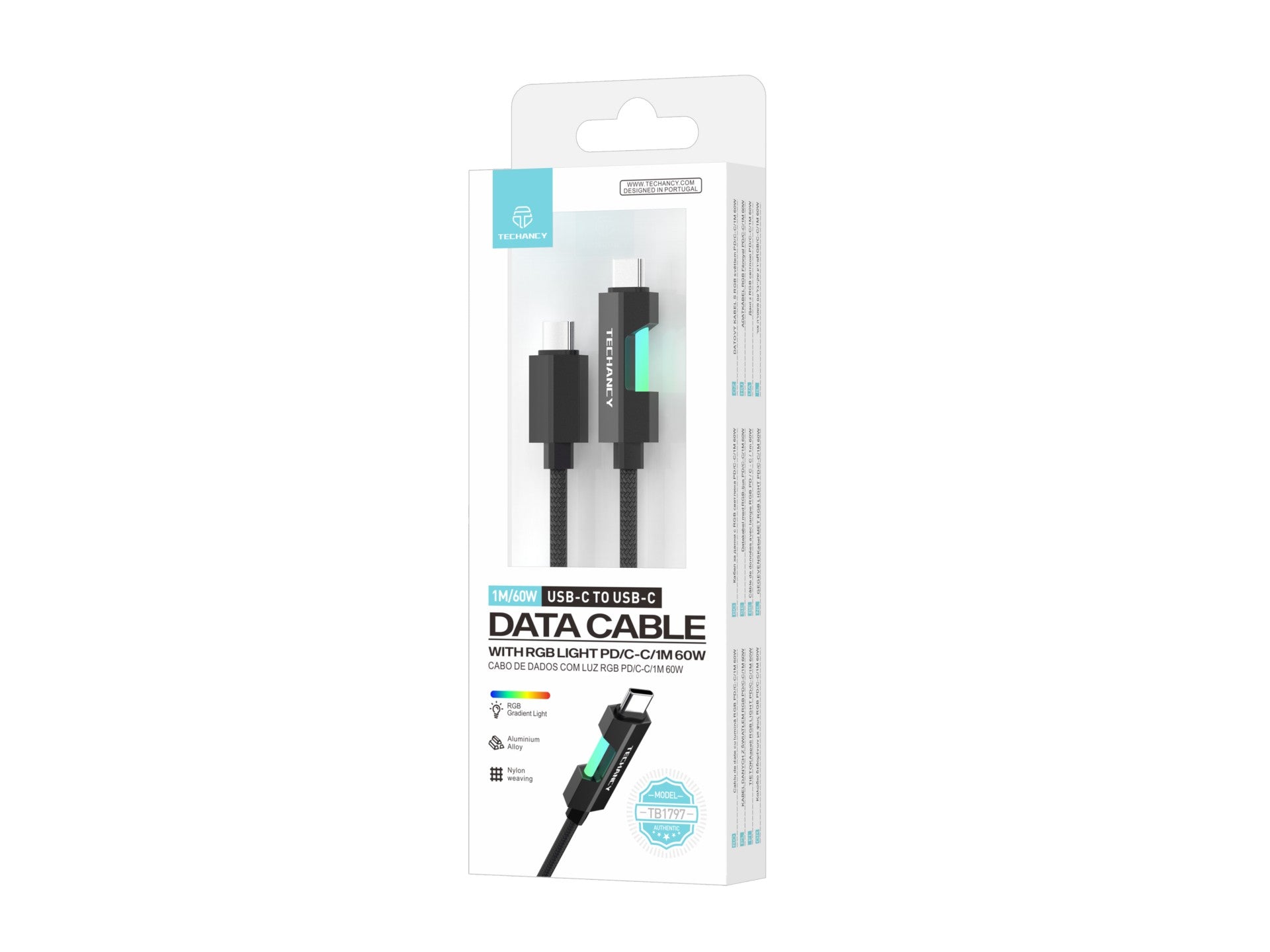 Techancy Cabo De Dados Usb-C Para Usb-C TB1797, 1m/60w Com Luz Rgb, Cabo Entrançado De Alumínio, Preto