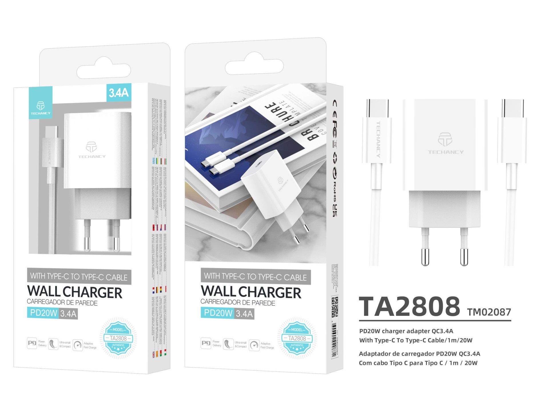 Techancy Carregador De Parede Pd Branco TA2807, Carregamento Rápido 3.4A Pd20w, Conjunto De Cabos Tipo-C Para Tipo-C 1m