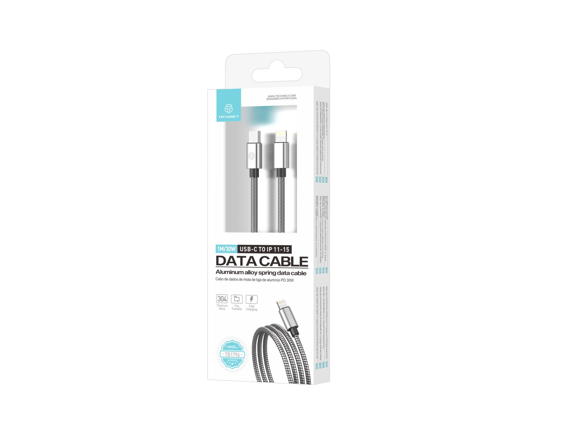 Techancy Cabo Usb C Para Lightning 1m TB1796, Design Totalmente Metálico, Resistente A Animais, Carregamento Rápido De 30 Watts