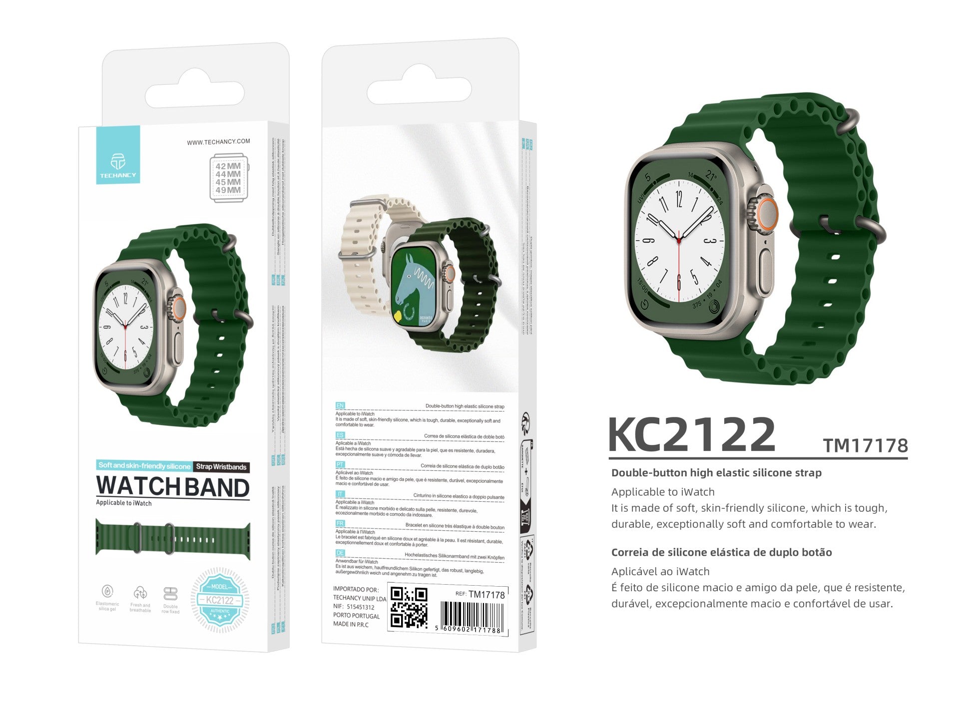 Correa de silicona verde Techancy KC2122, compatible con Apple Watch de 42 mm, 44 mm, 45 mm y 49 mm, de silicona suave.