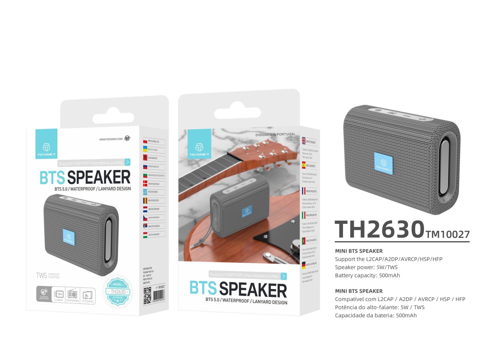 Techancy TH2630 Mini Wireless Speaker Gray, Built-in Battery Playback, Bluetooth 5.0 Connectivity, TWS Support
