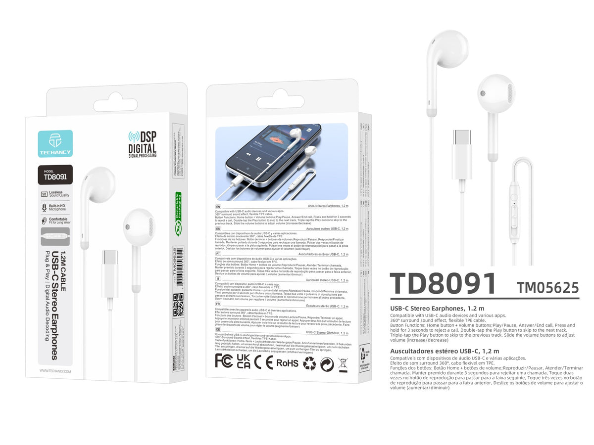 Auriculares USB-C com Fio Techancy TD8091, Som Estereo DSP, Microfone HD, Comandos, Plug and Play, Cabo 1.2m, Branco