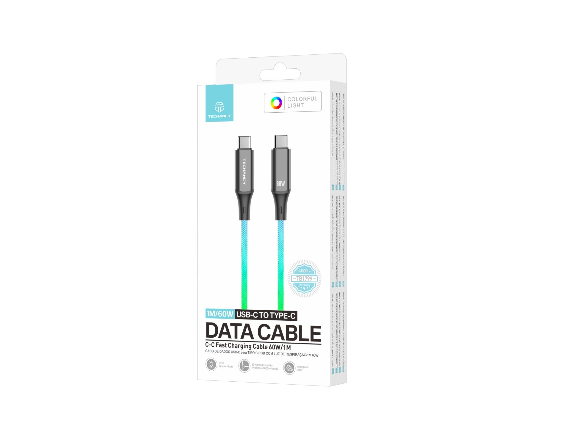 Techancy Cabo De Dados De 1m TB1799, Usb-C Para Usb-C, Efeitos De Iluminação Rgb, Carregamento Rápido De 27w.