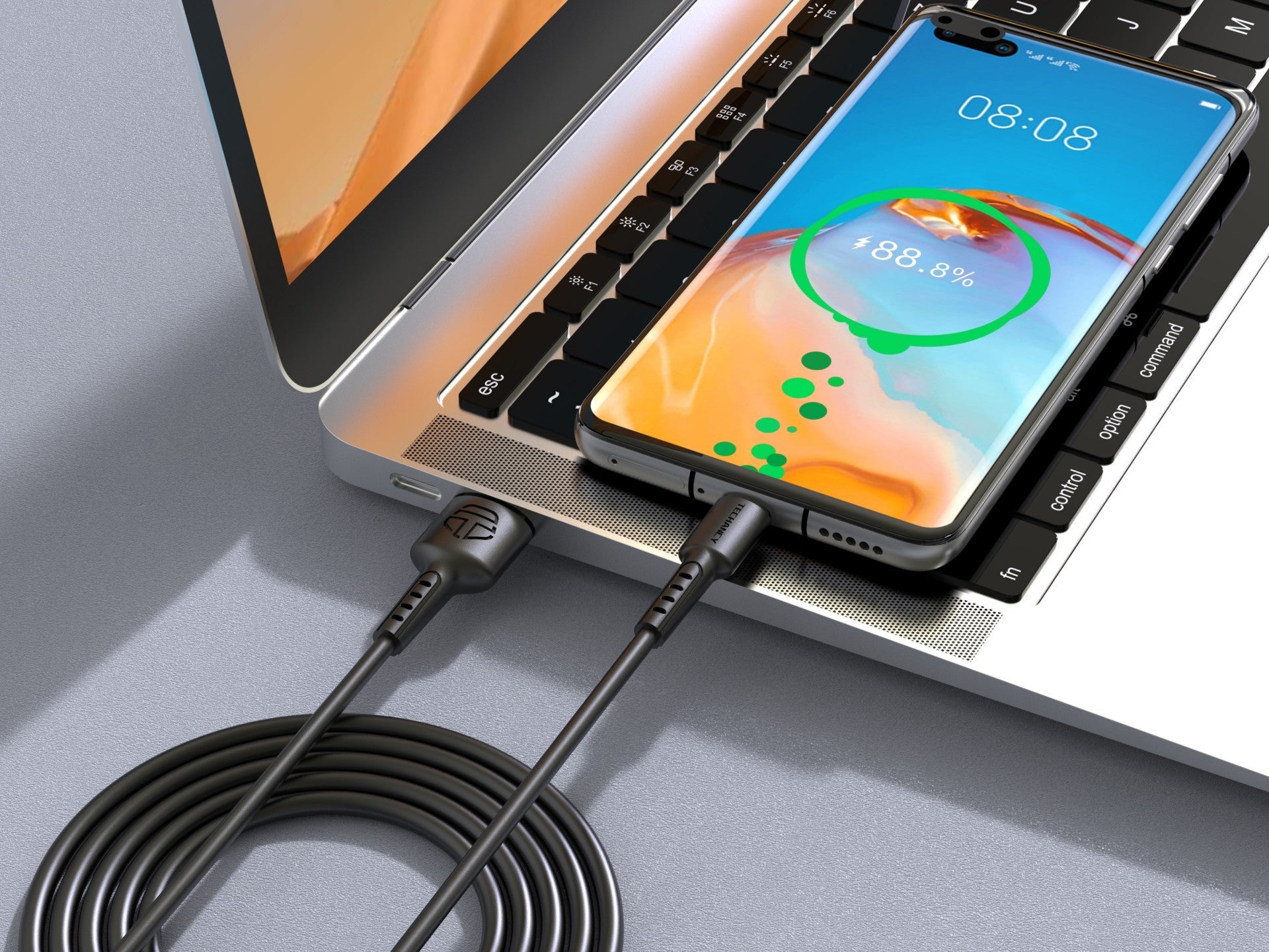 Techancy Cabo De Dados Preto TB1630, Cabo De Carregamento Rápido Usb Para Tipo C, 3 M/2,4 A, Compatível Com Dispositivos Usb-C