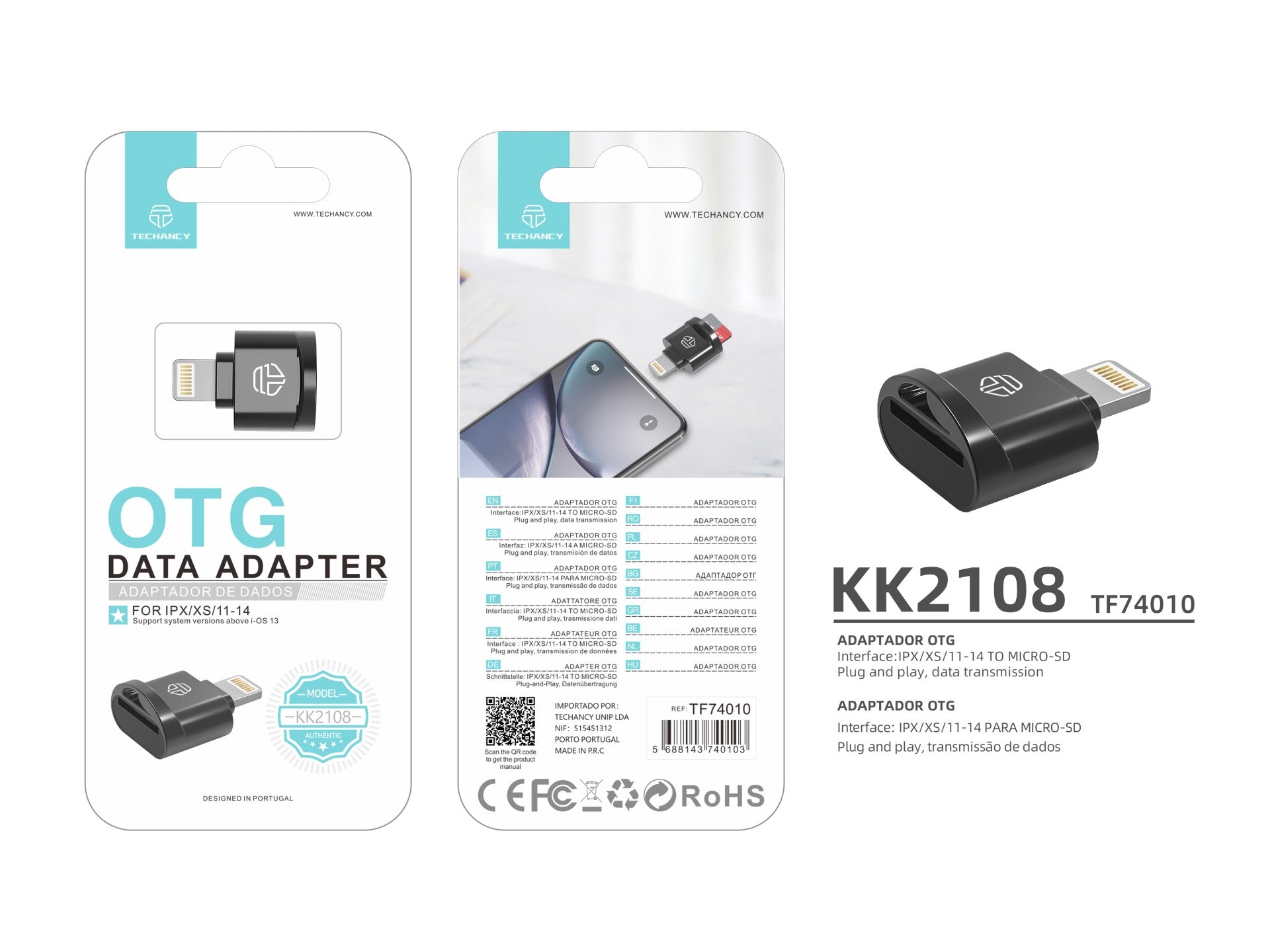 Leitor de cartões SD Techancy, adaptador Micro SD para Lightning, KK2108, compatível com iPad e iPhone, preto