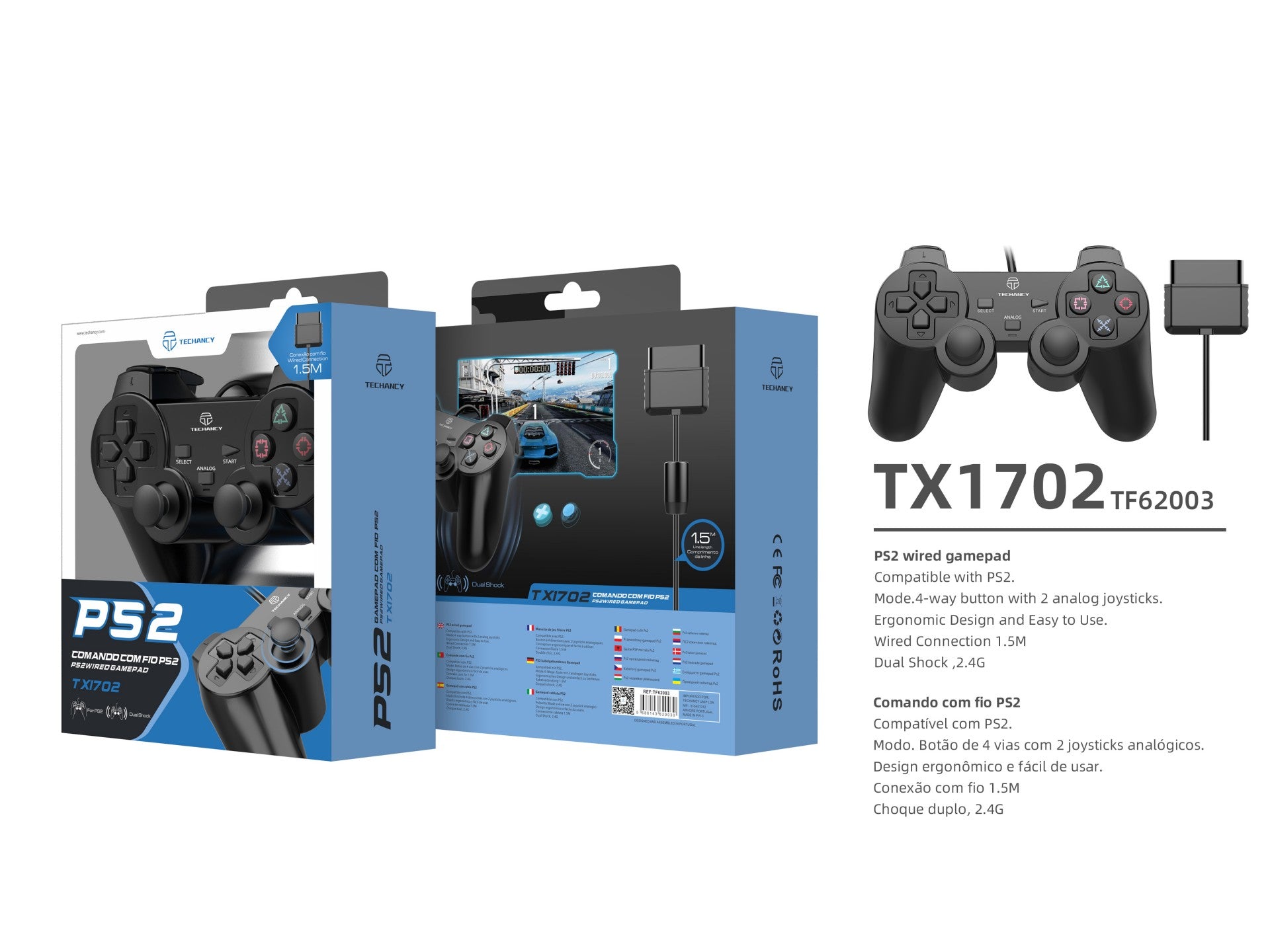 Techancy PS2 Wired USB Game Controller, TX1702, with Dual Joysticks and Vibration Feedback, Black