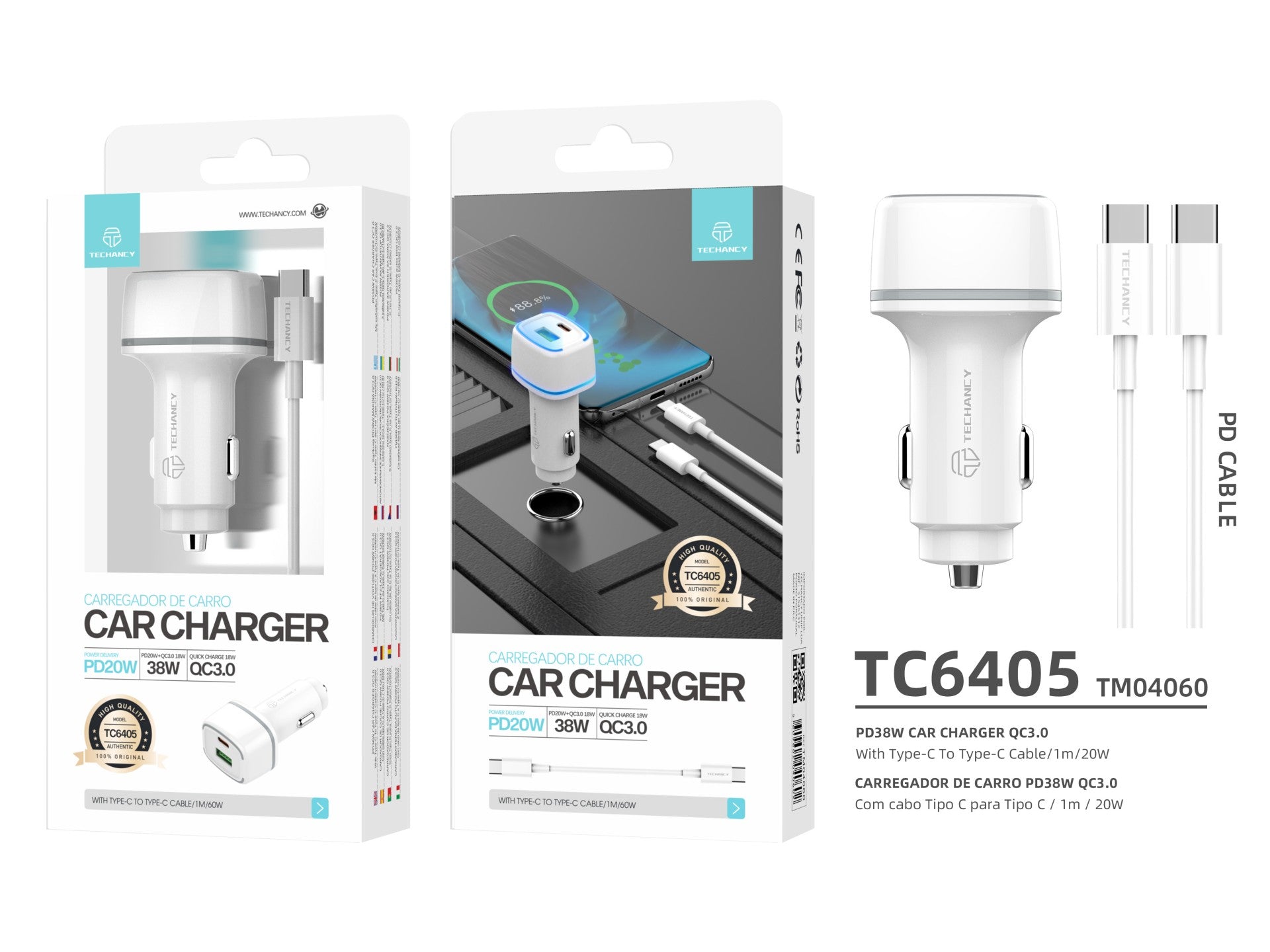 Techancy Carregador De Automóvel 38w TC6405, Carregamento Rápido Pd3.0+Qc3.0, Conjunto De Cabos Usb C-Usb C,