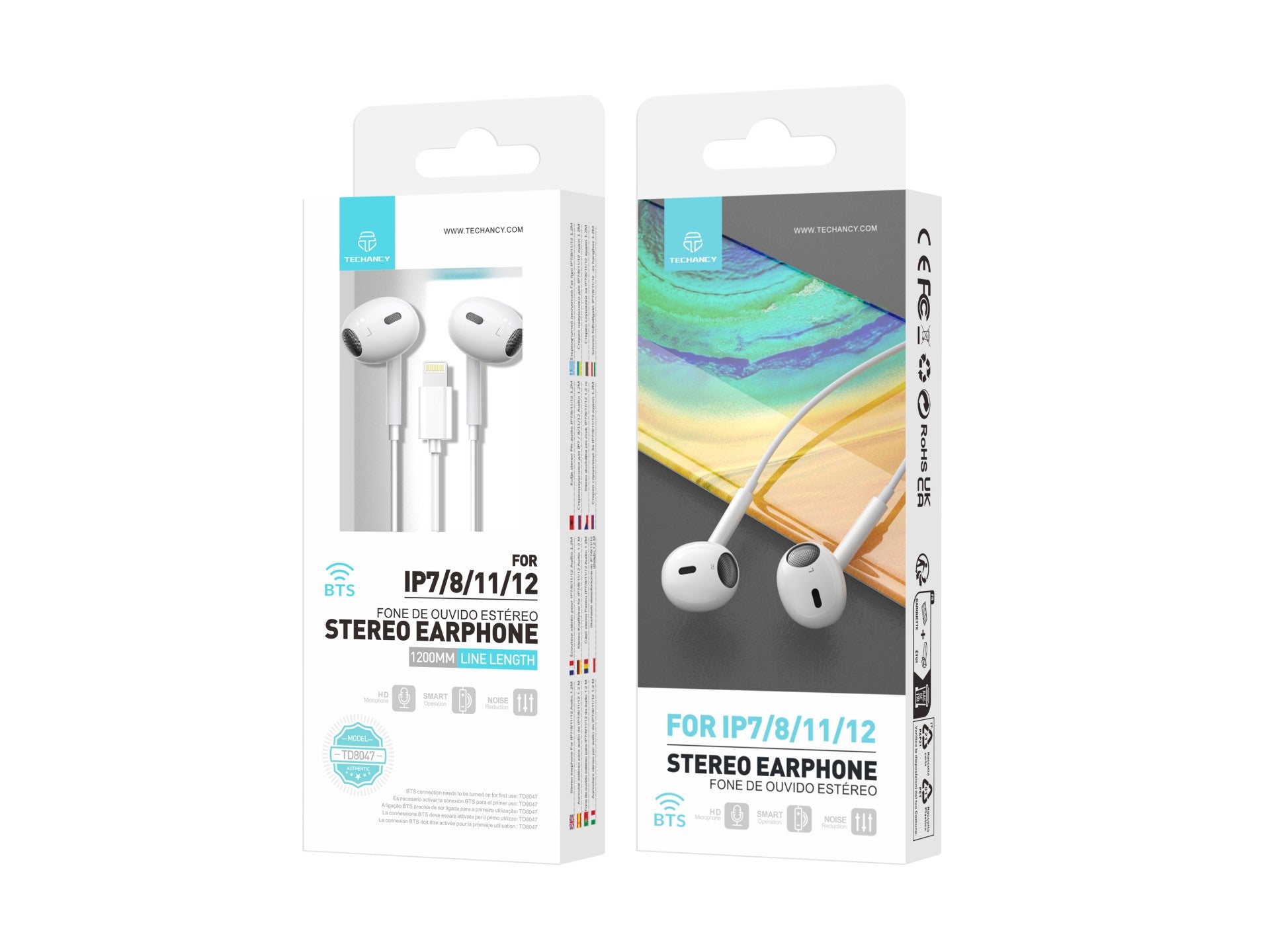 Techancy Lightning White Stereo Headset TD8047, with Microphone, Call Volume Control, Compatible with iPad/iPhone