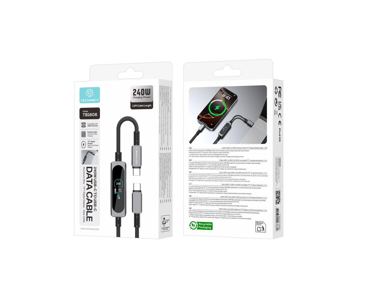 Cabo USB-C para USB-C 240W TECHANCY TB1806, PD 3.1, 1,2 m, Ecra Tatil TFT, Nylon Entrancado, Dados 480 Mbps