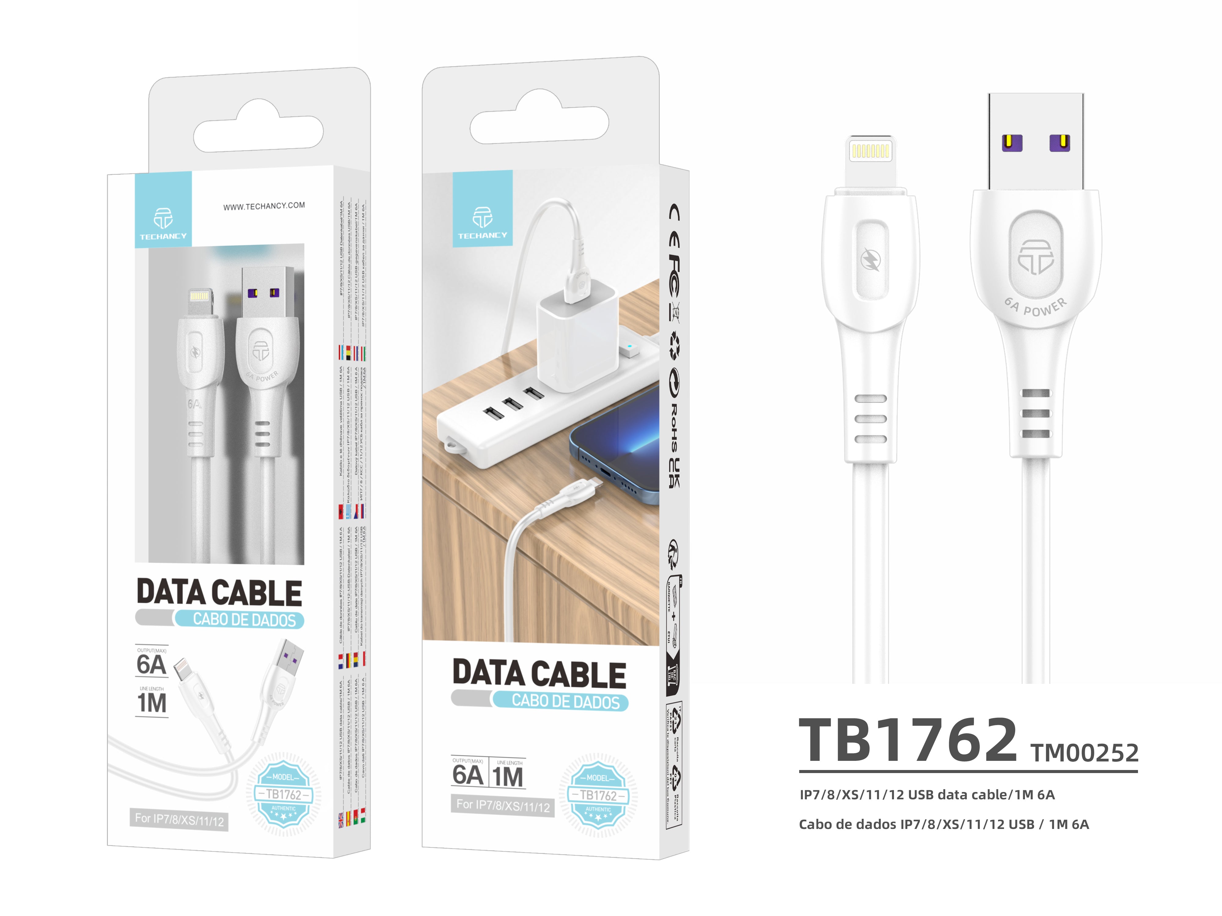 Techancy Super Fast Charging Data Cable 6A White TB1762, USB-IP8/X/11-14 Port, 1M Long, Fast Charging