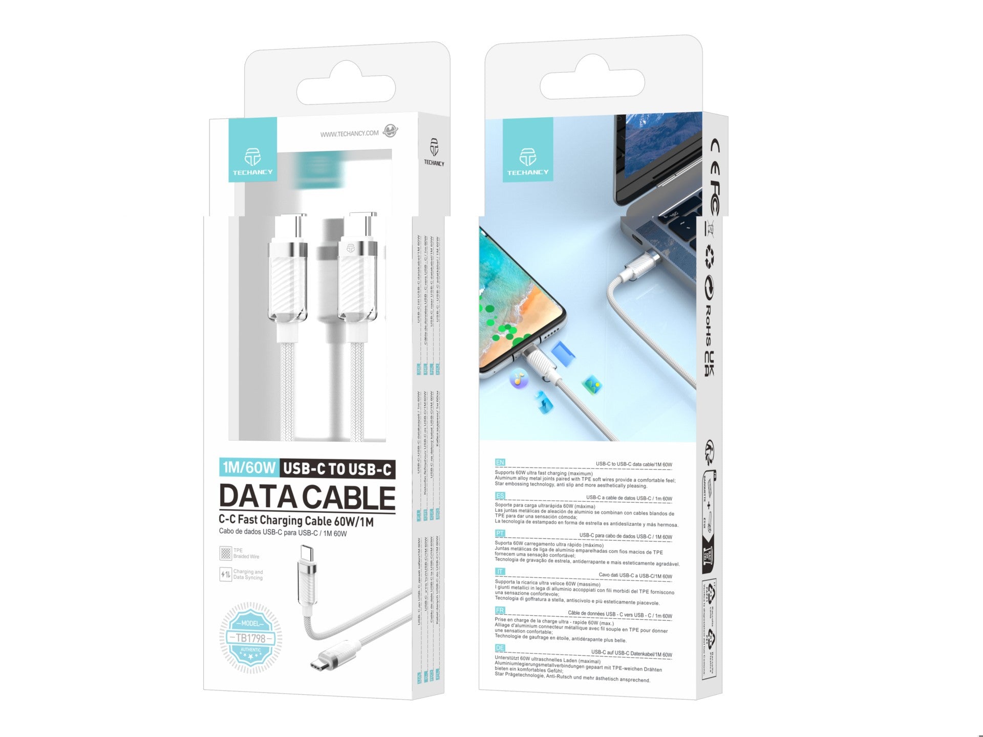 Techancy Cabo De Dados Usb-C Para Usb-C 1m/60w Branco TB1798 Para Carregamento De Smartphones, Tablets E Computadores Portáteis