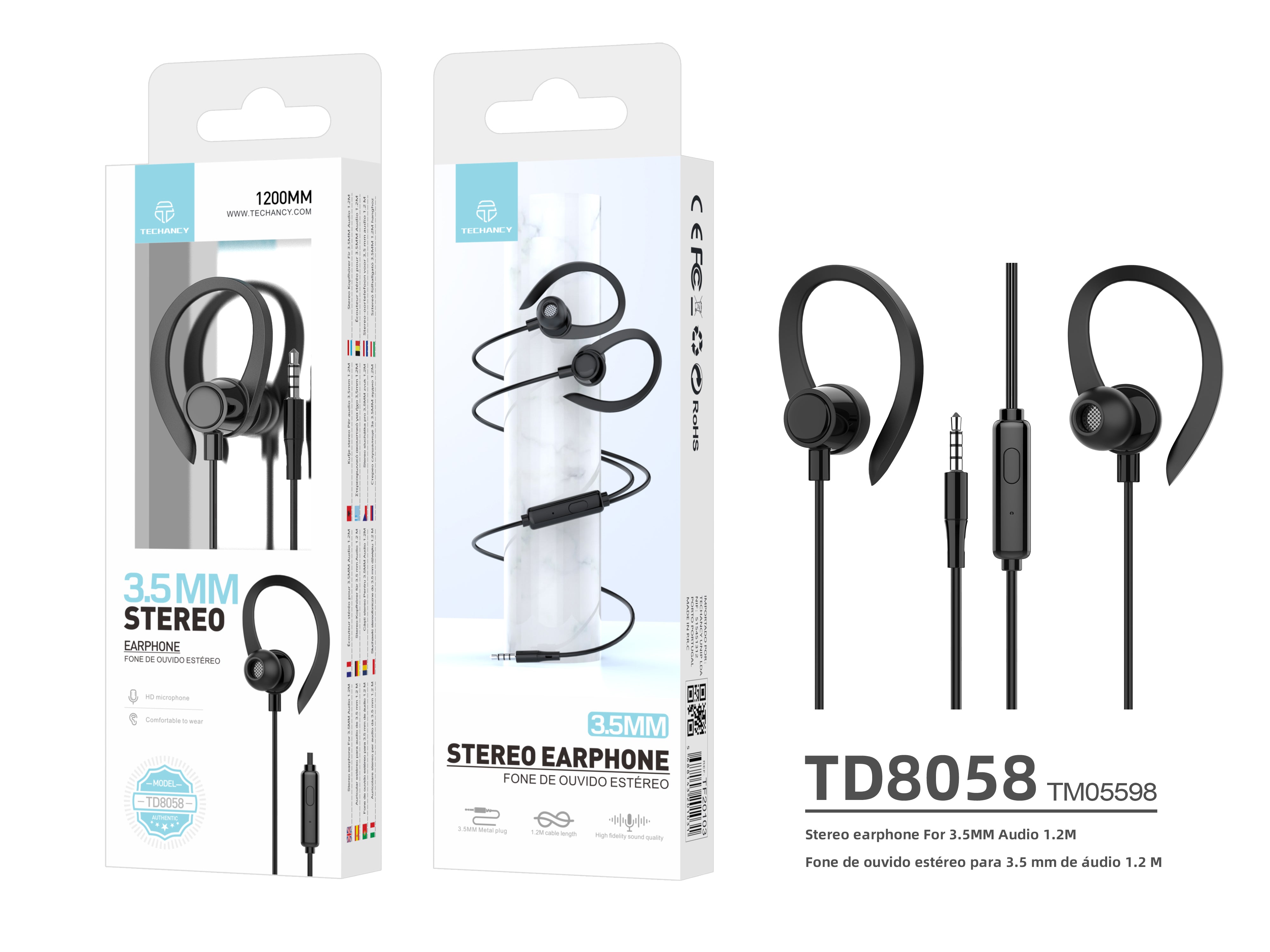 Techancy Auriculares stereo 3.5MM TD8058 cabo 1.2M com microfone confortavel som alta fidelidade Preto
