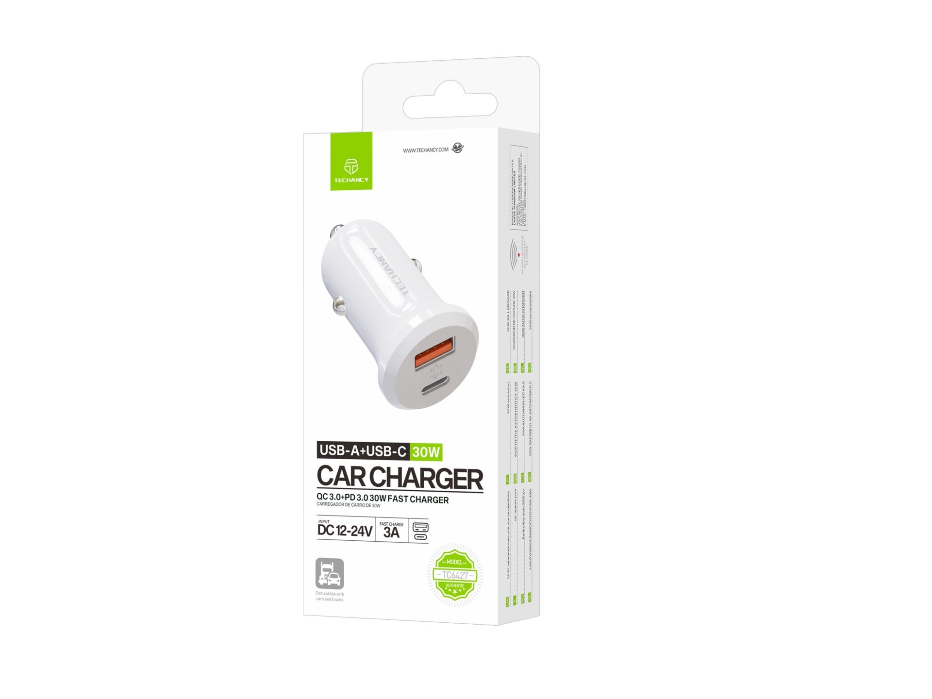 Cargador de coche Techancy 30 W TC6427 USB-A + USB-C, carga rápida QC3.0 PD3.0, compatible con teléfonos móviles, tabletas y auriculares de 12 V a 24 V.