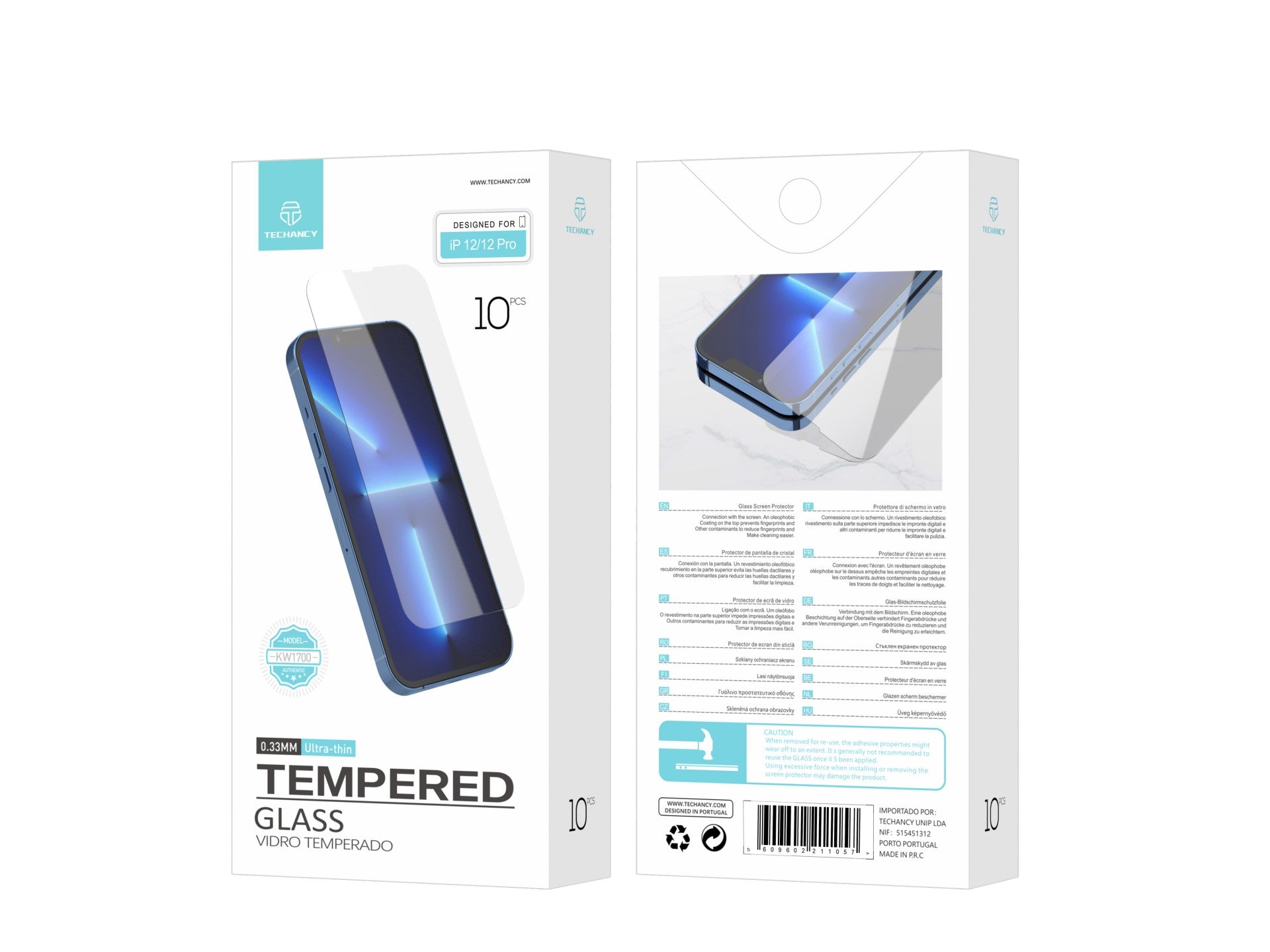 Techancy Tempered Glass Screen Protector for iPhone 12/12 Pro KW1700, 0.33mm, Scratch-resistant, High Transparency, Easy Application